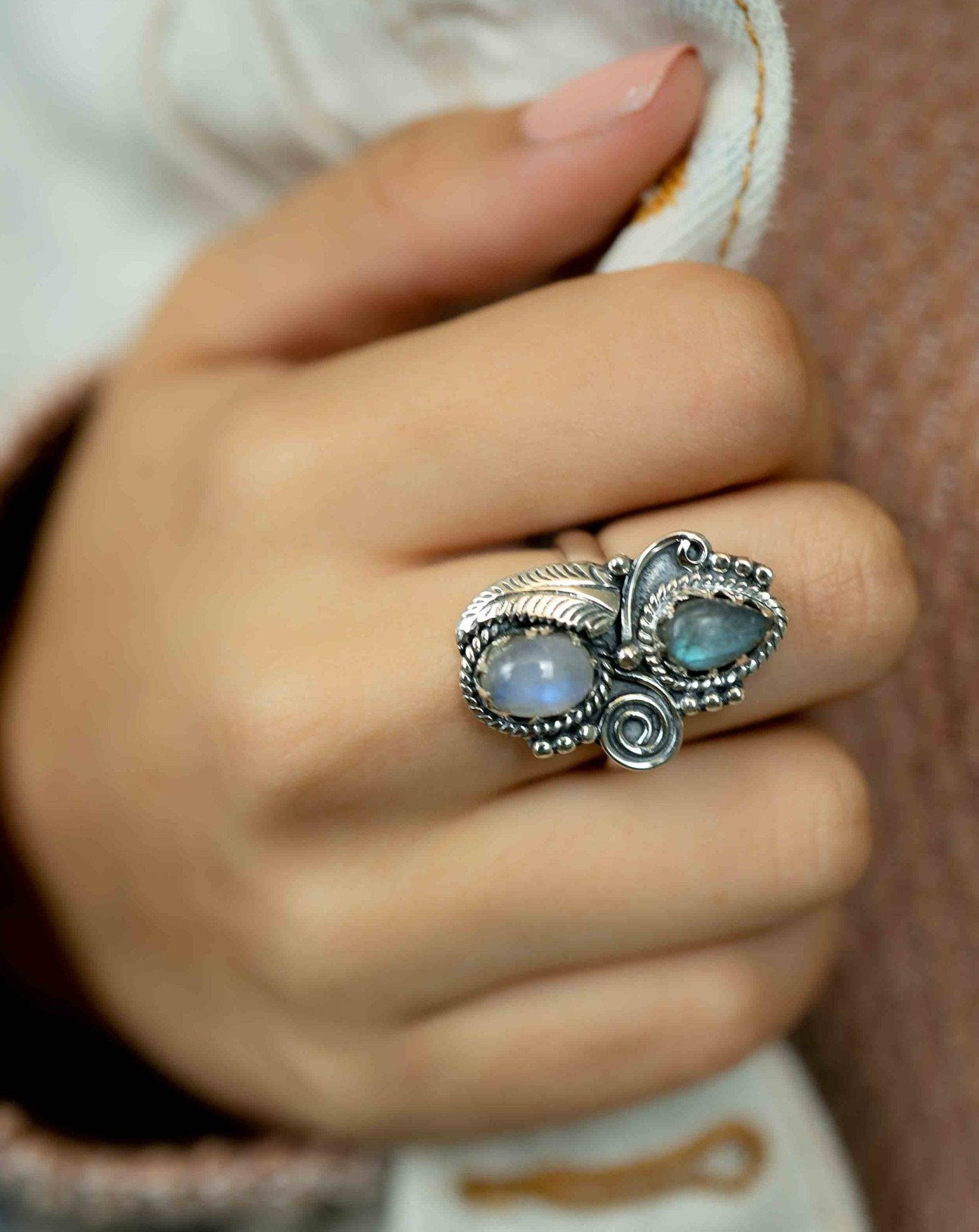 Rainbow Labradorite and Moonstone Ring Large ~Gemstone ~ Sterling Silver 925 ~Jewelry ~Handmade~February Birthstone ~Statement ~Gift ~ MR287