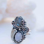Rainbow Labradorite and Moonstone Ring Large ~Gemstone ~ Sterling Silver 925 ~Jewelry ~Handmade~February Birthstone ~Statement ~Gift ~ MR287