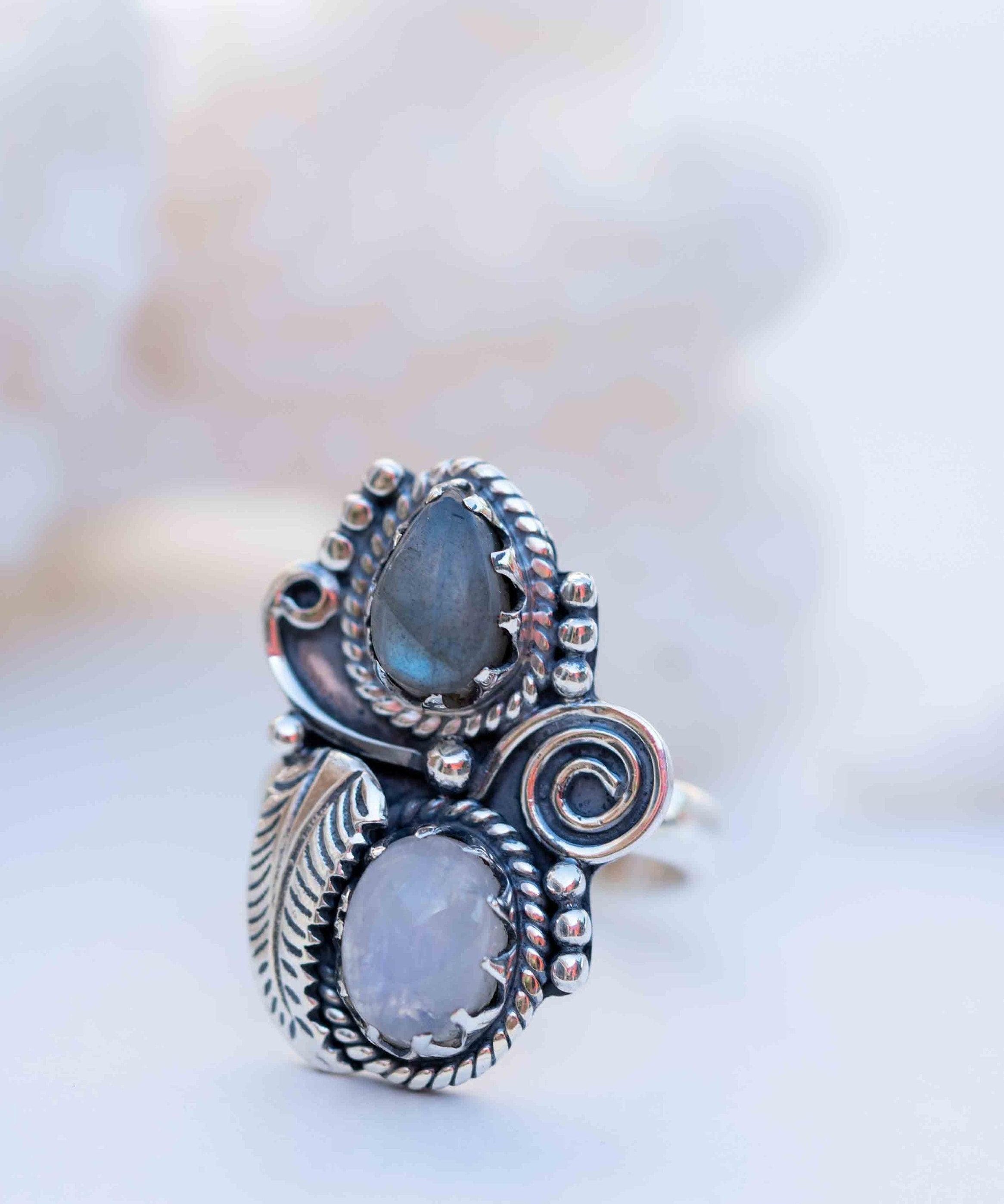 Rainbow Labradorite and Moonstone Ring Large ~Gemstone ~ Sterling Silver 925 ~Jewelry ~Handmade~February Birthstone ~Statement ~Gift ~ MR287