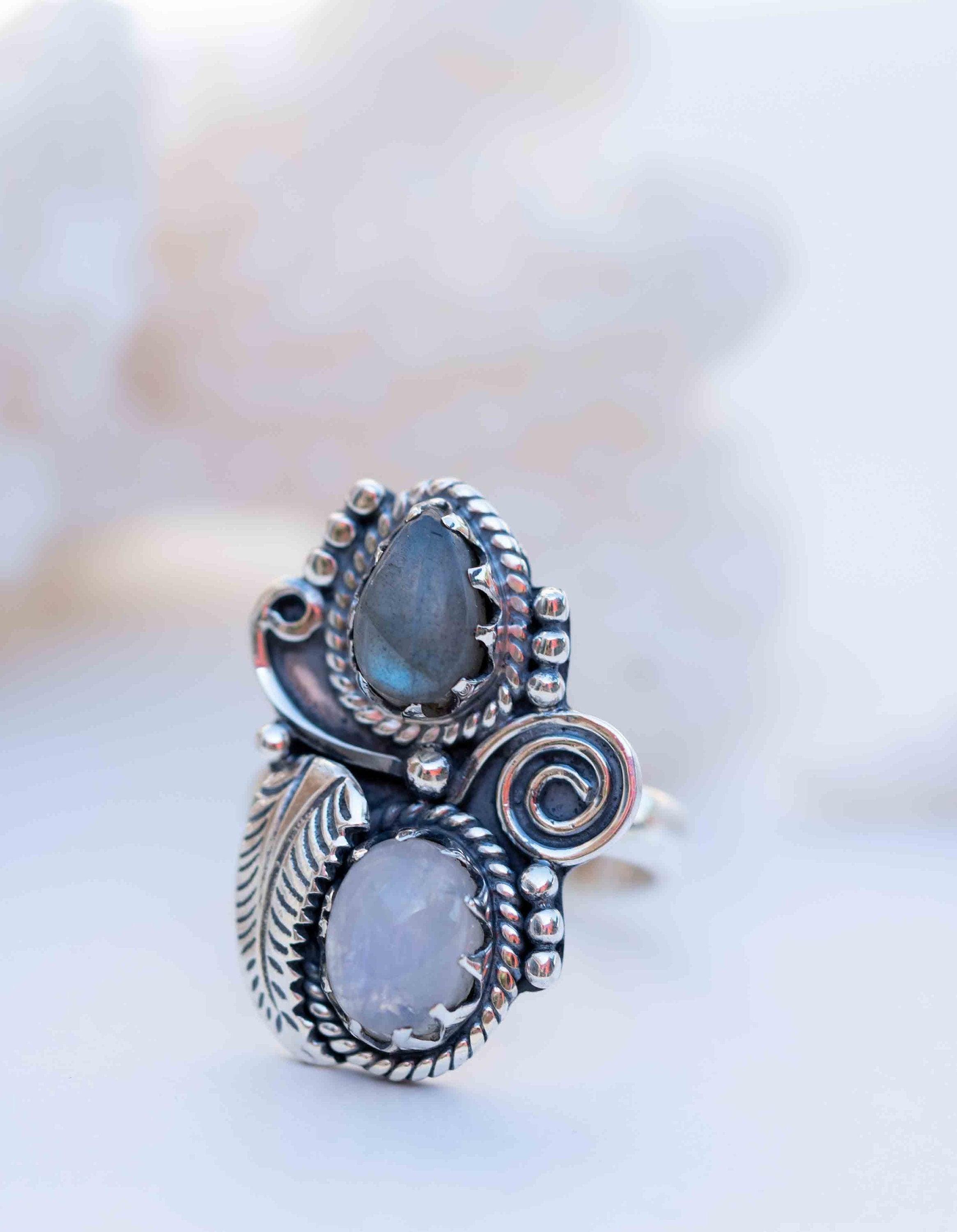 Rainbow Labradorite and Moonstone Ring Large ~Gemstone ~ Sterling Silver 925 ~Jewelry ~Handmade~February Birthstone ~Statement ~Gift ~ MR287