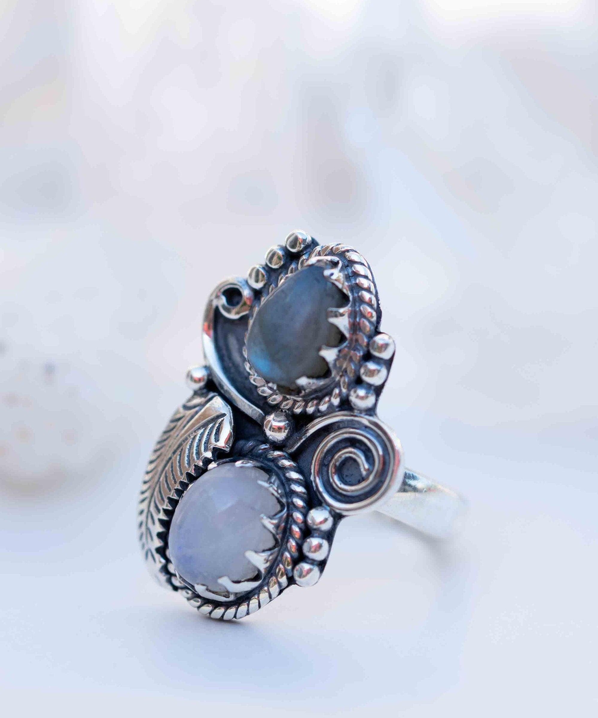 Rainbow Labradorite and Moonstone Ring Large ~Gemstone ~ Sterling Silver 925 ~Jewelry ~Handmade~February Birthstone ~Statement ~Gift ~ MR287