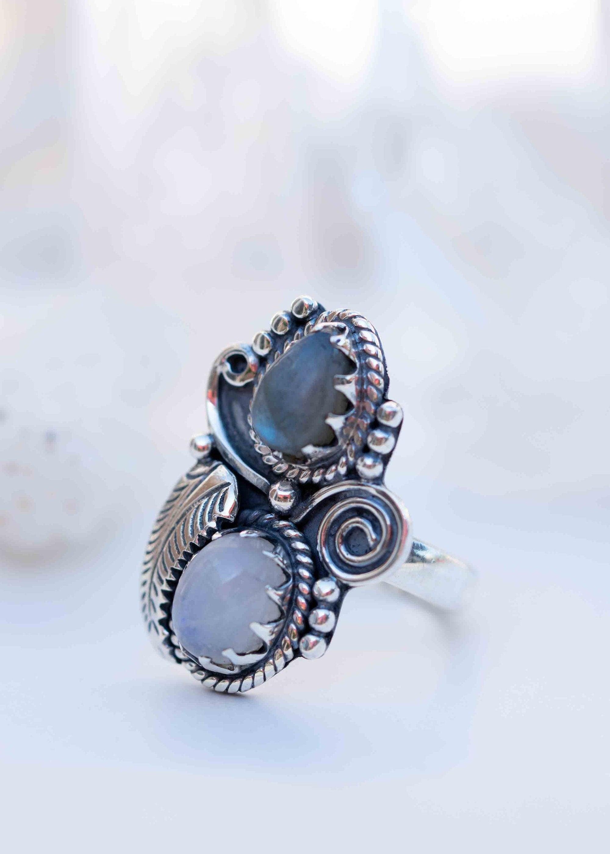 Rainbow Labradorite and Moonstone Ring Large ~Gemstone ~ Sterling Silver 925 ~Jewelry ~Handmade~February Birthstone ~Statement ~Gift ~ MR287