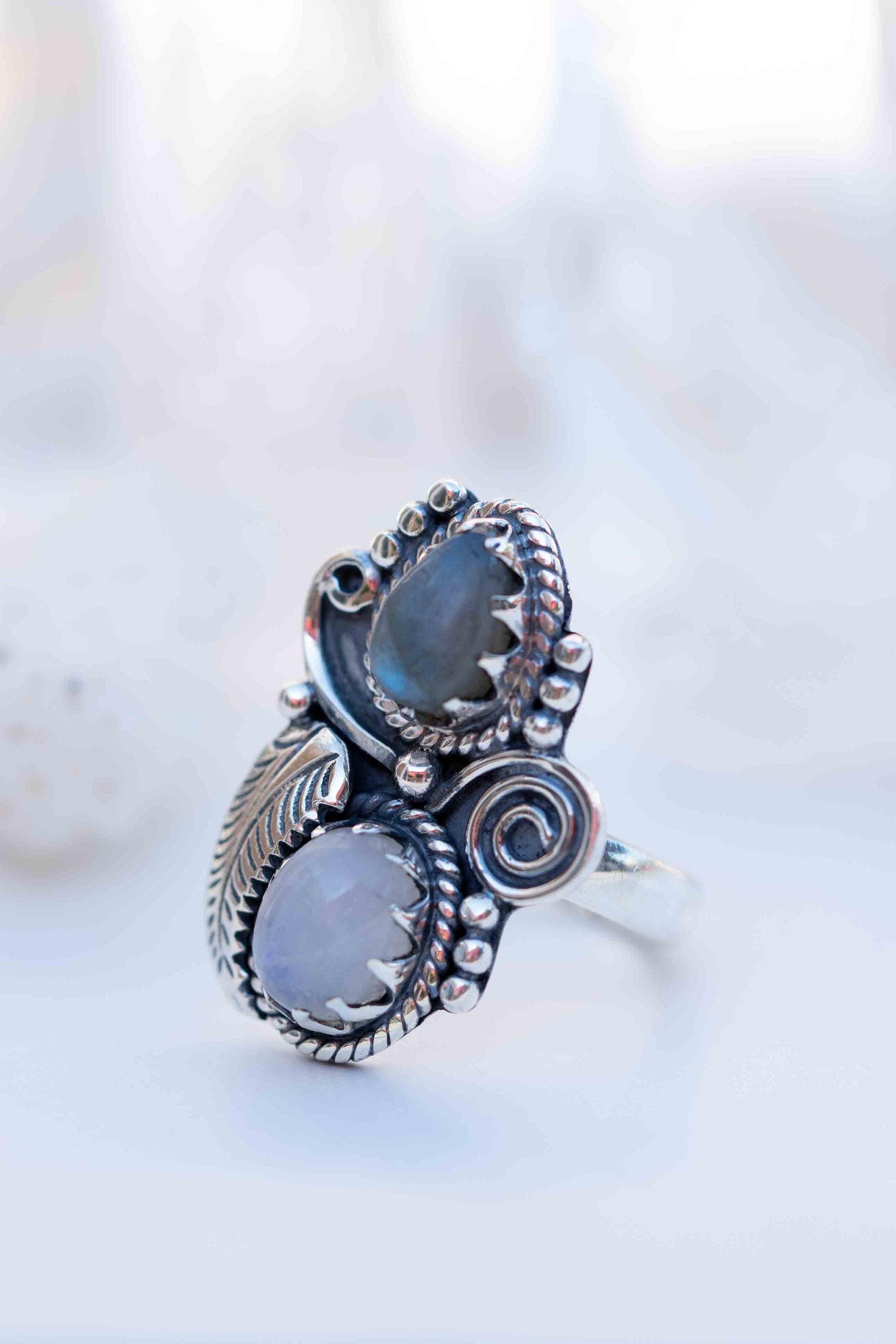 Rainbow Labradorite and Moonstone Ring Large ~Gemstone ~ Sterling Silver 925 ~Jewelry ~Handmade~February Birthstone ~Statement ~Gift ~ MR287