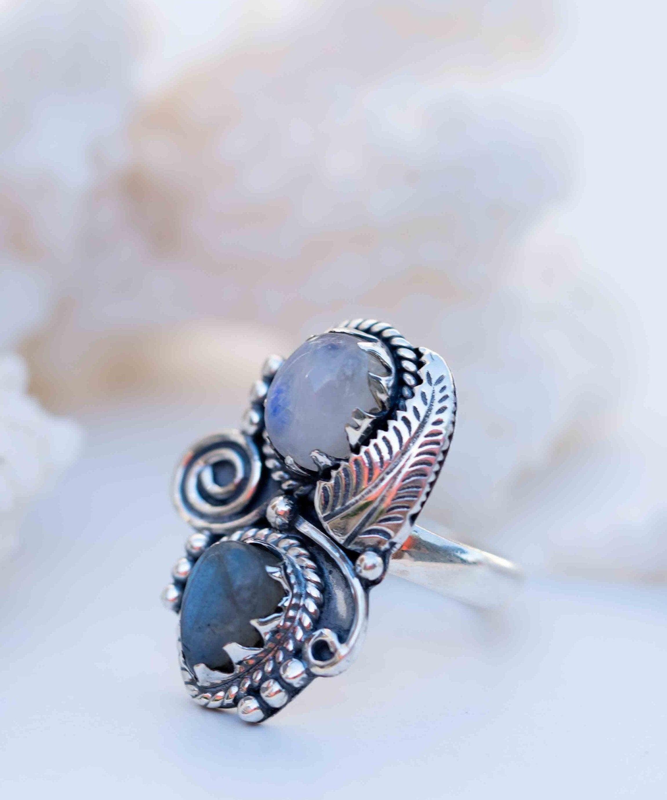 Rainbow Labradorite and Moonstone Ring Large ~Gemstone ~ Sterling Silver 925 ~Jewelry ~Handmade~February Birthstone ~Statement ~Gift ~ MR287