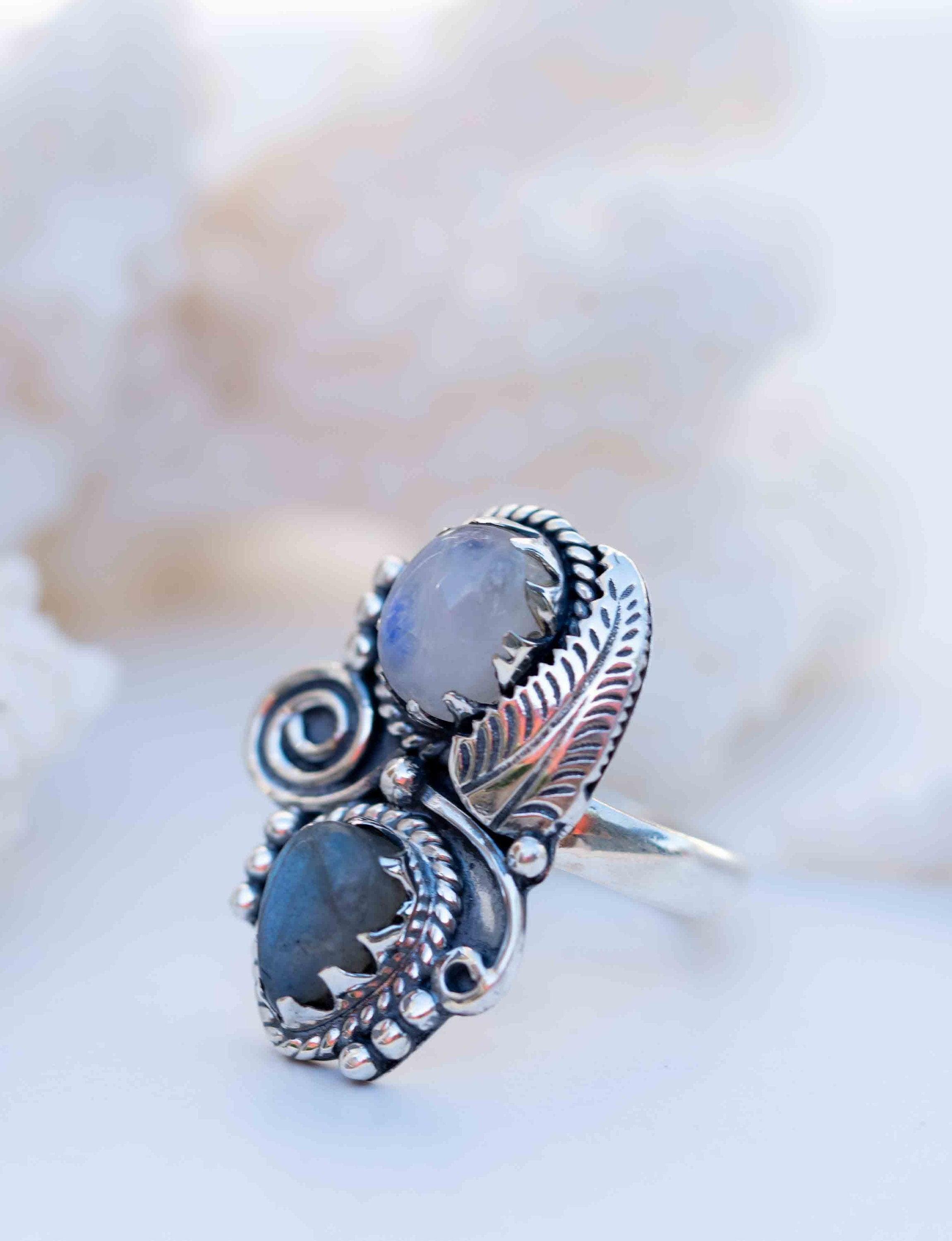 Rainbow Labradorite and Moonstone Ring Large ~Gemstone ~ Sterling Silver 925 ~Jewelry ~Handmade~February Birthstone ~Statement ~Gift ~ MR287