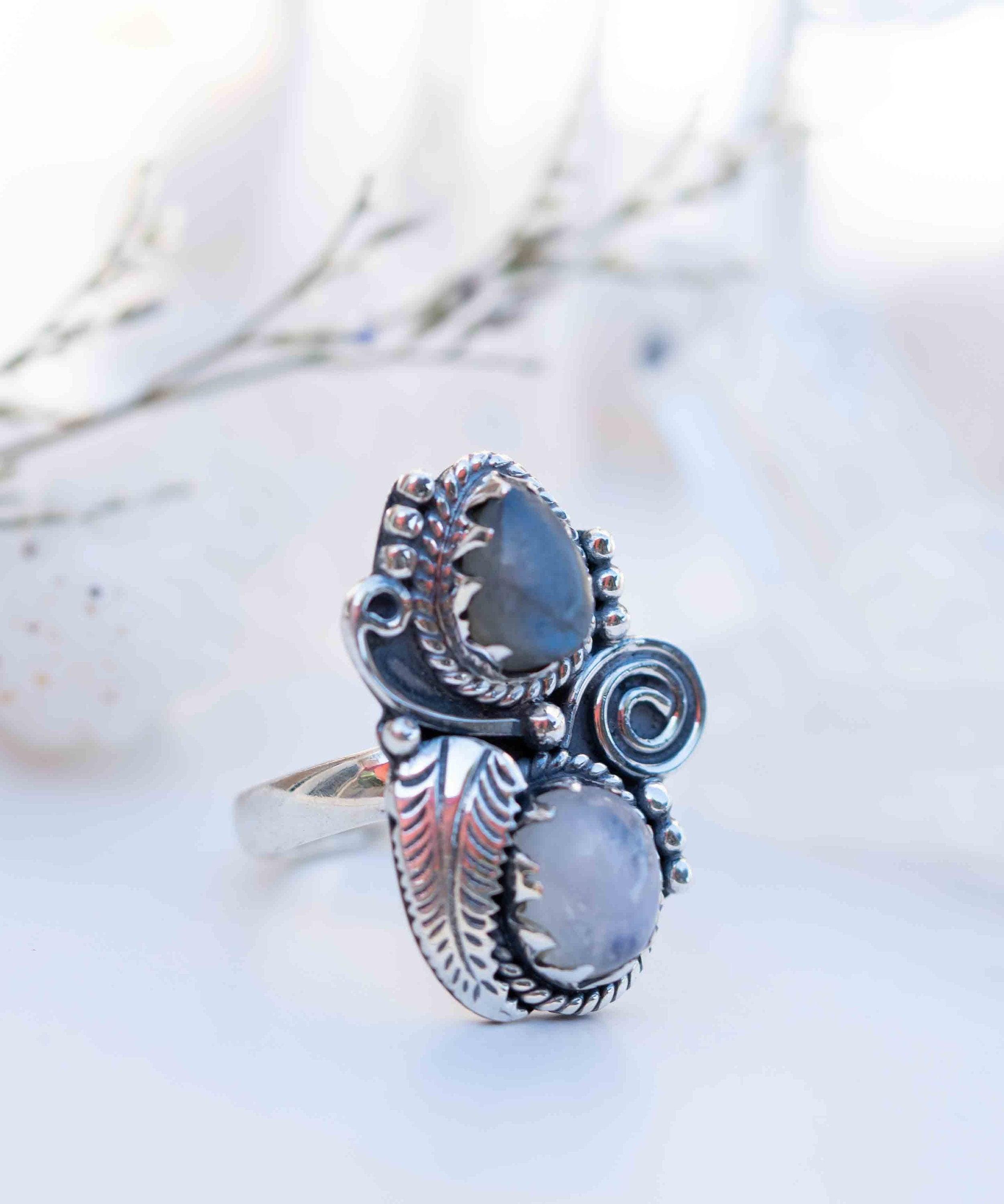 Rainbow Labradorite and Moonstone Ring Large ~Gemstone ~ Sterling Silver 925 ~Jewelry ~Handmade~February Birthstone ~Statement ~Gift ~ MR287
