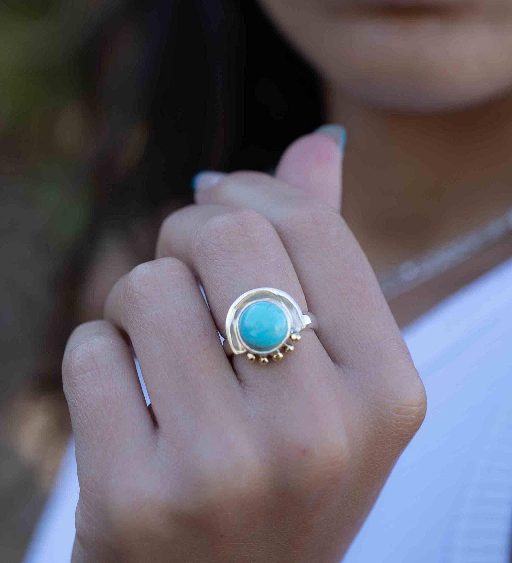 Turquoise Ring ~ Mix metals ~ oval shape ~Sterling Silver 925 and brass ~ Handmade ~ Gemstone ~ Statement~ December Birthstone MR279