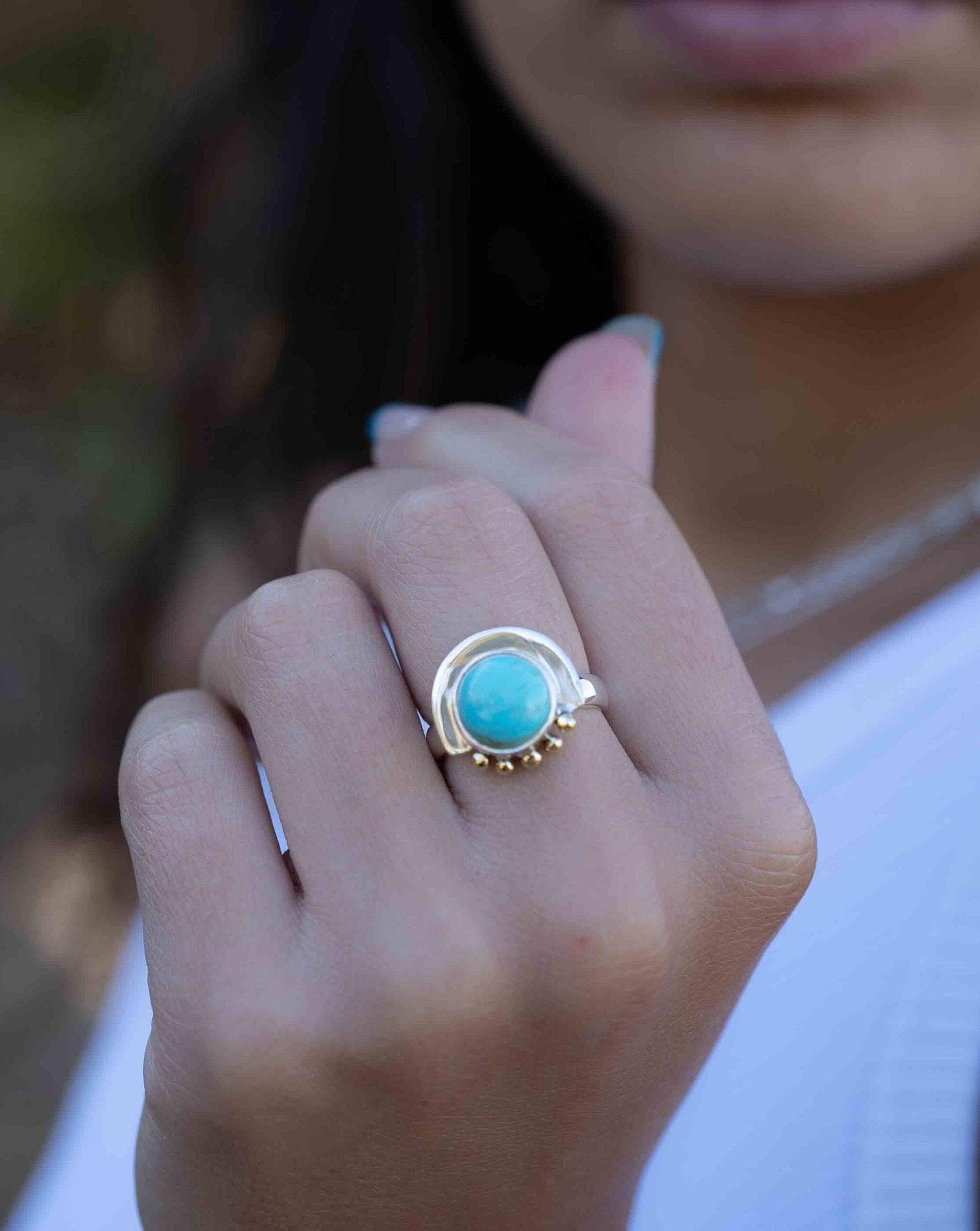 Turquoise Ring ~ Mix metals ~ oval shape ~Sterling Silver 925 and brass ~ Handmade ~ Gemstone ~ Statement~ December Birthstone MR279