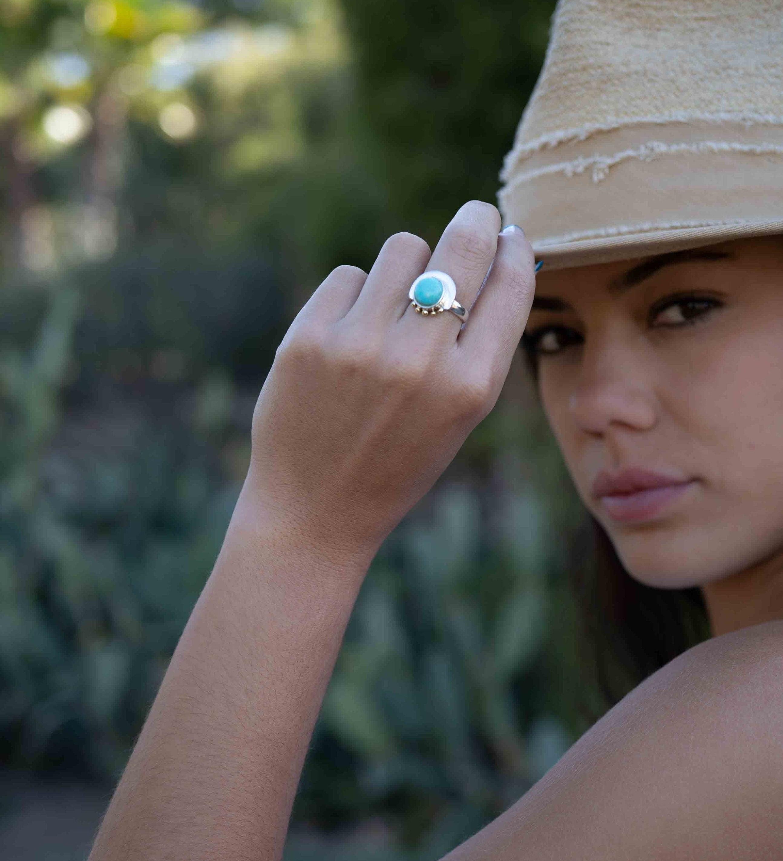 Turquoise Ring ~ Mix metals ~ oval shape ~Sterling Silver 925 and brass ~ Handmade ~ Gemstone ~ Statement~ December Birthstone MR279