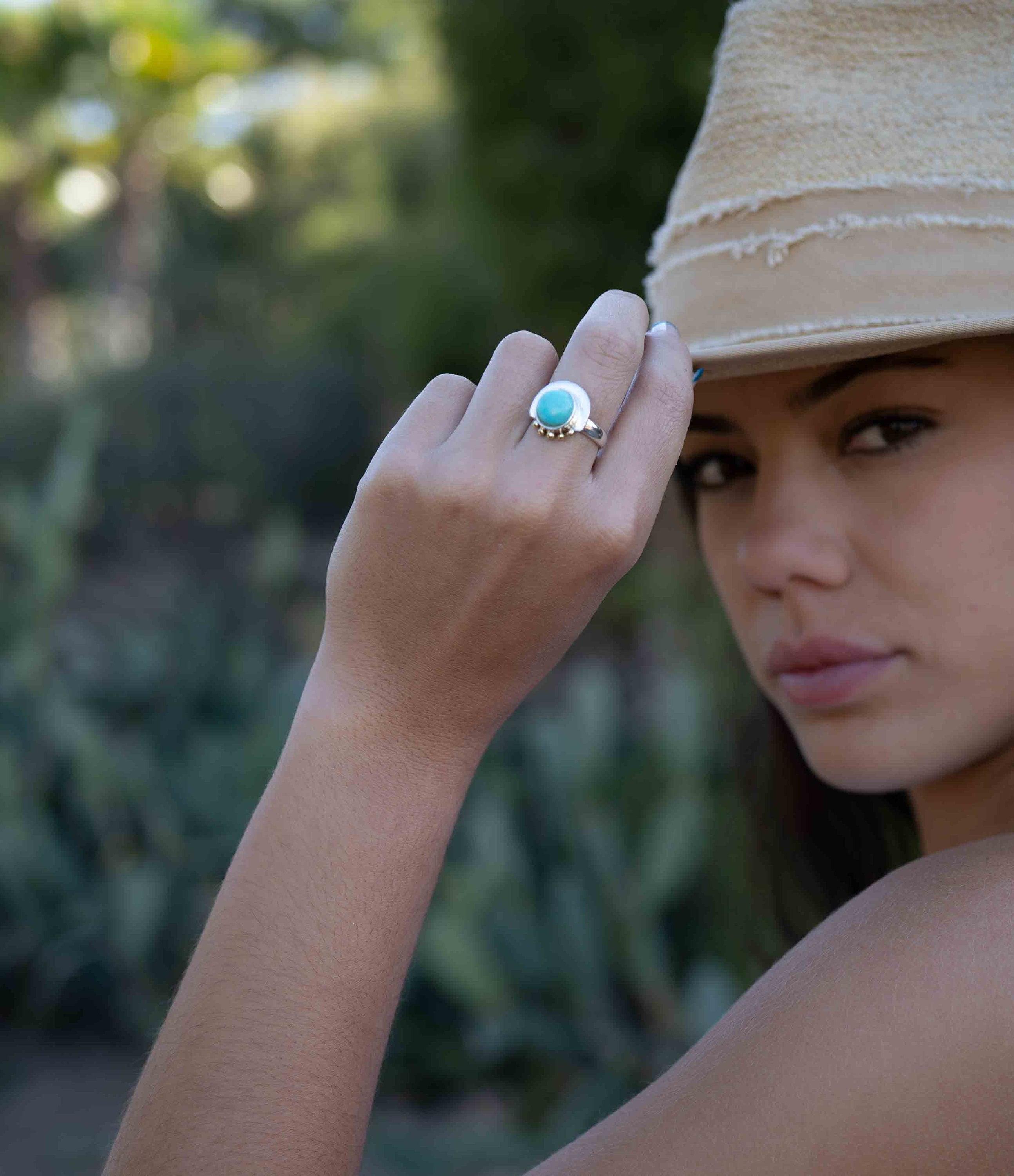 Turquoise Ring ~ Mix metals ~ oval shape ~Sterling Silver 925 and brass ~ Handmade ~ Gemstone ~ Statement~ December Birthstone MR279