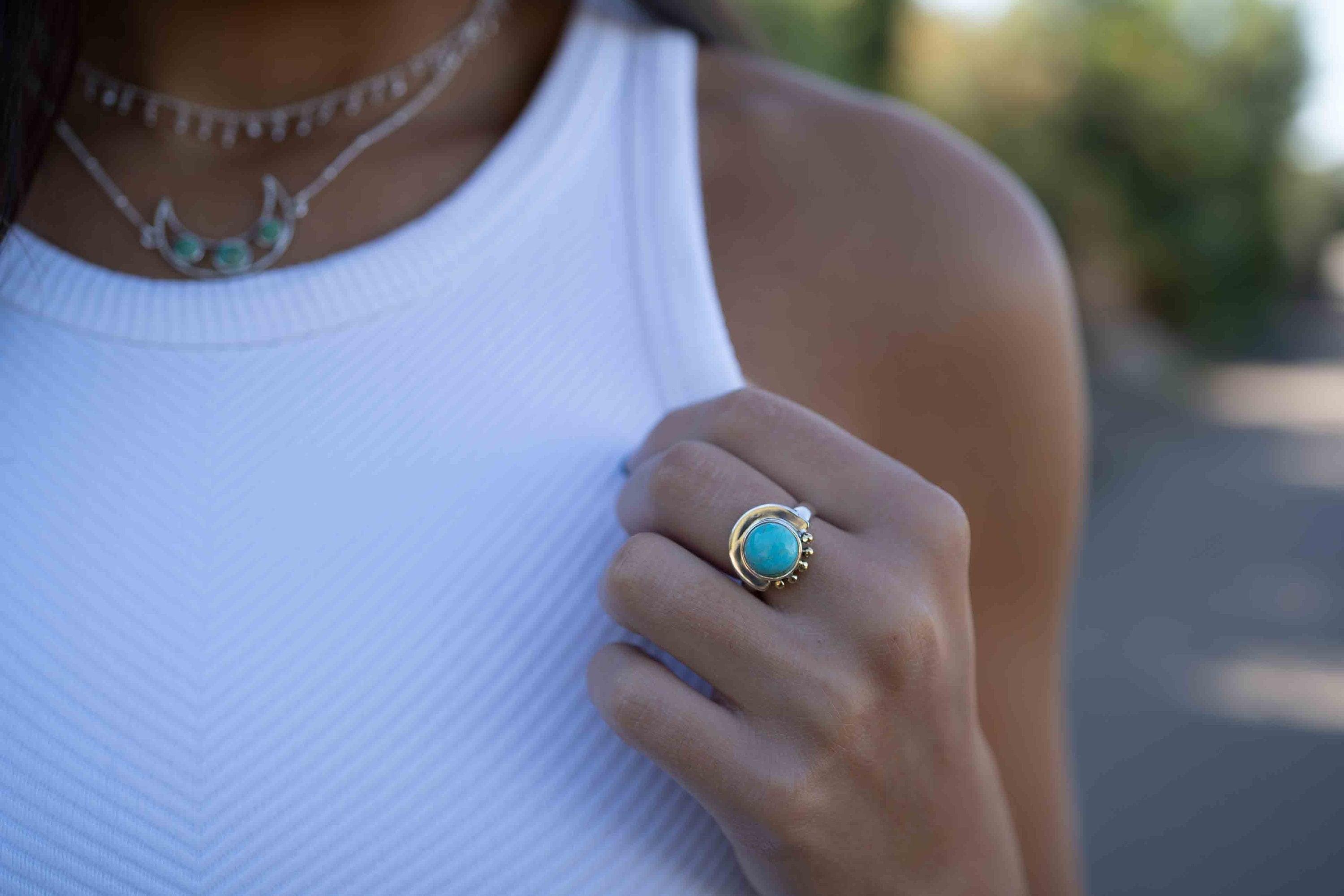 Turquoise Ring ~ Mix metals ~ oval shape ~Sterling Silver 925 and brass ~ Handmade ~ Gemstone ~ Statement~ December Birthstone MR279