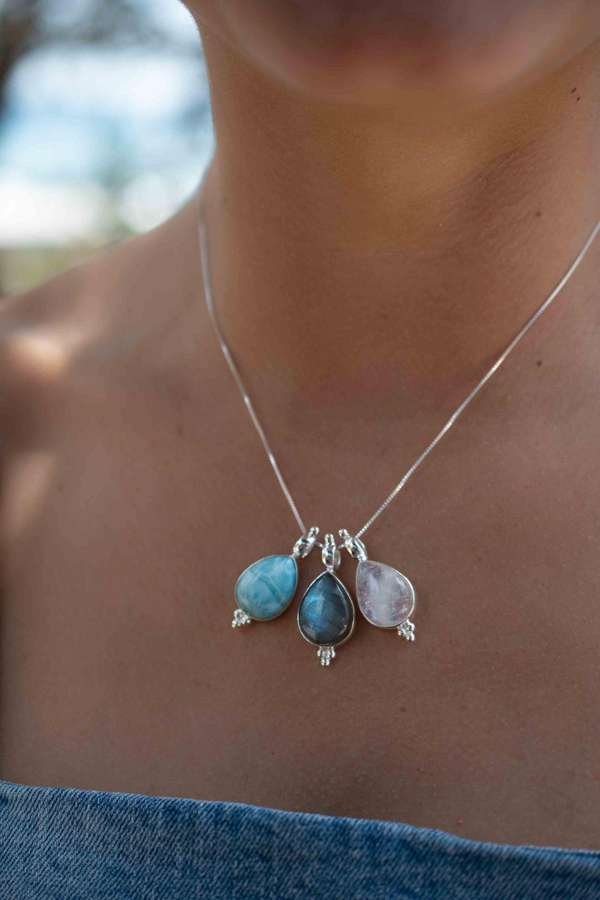 Larimar, Labradorite and Moonstone Tear Drop Necklace ~ Sterling Silver ~ Charm ~ Layered ~ minimalist ~ delicate MP007