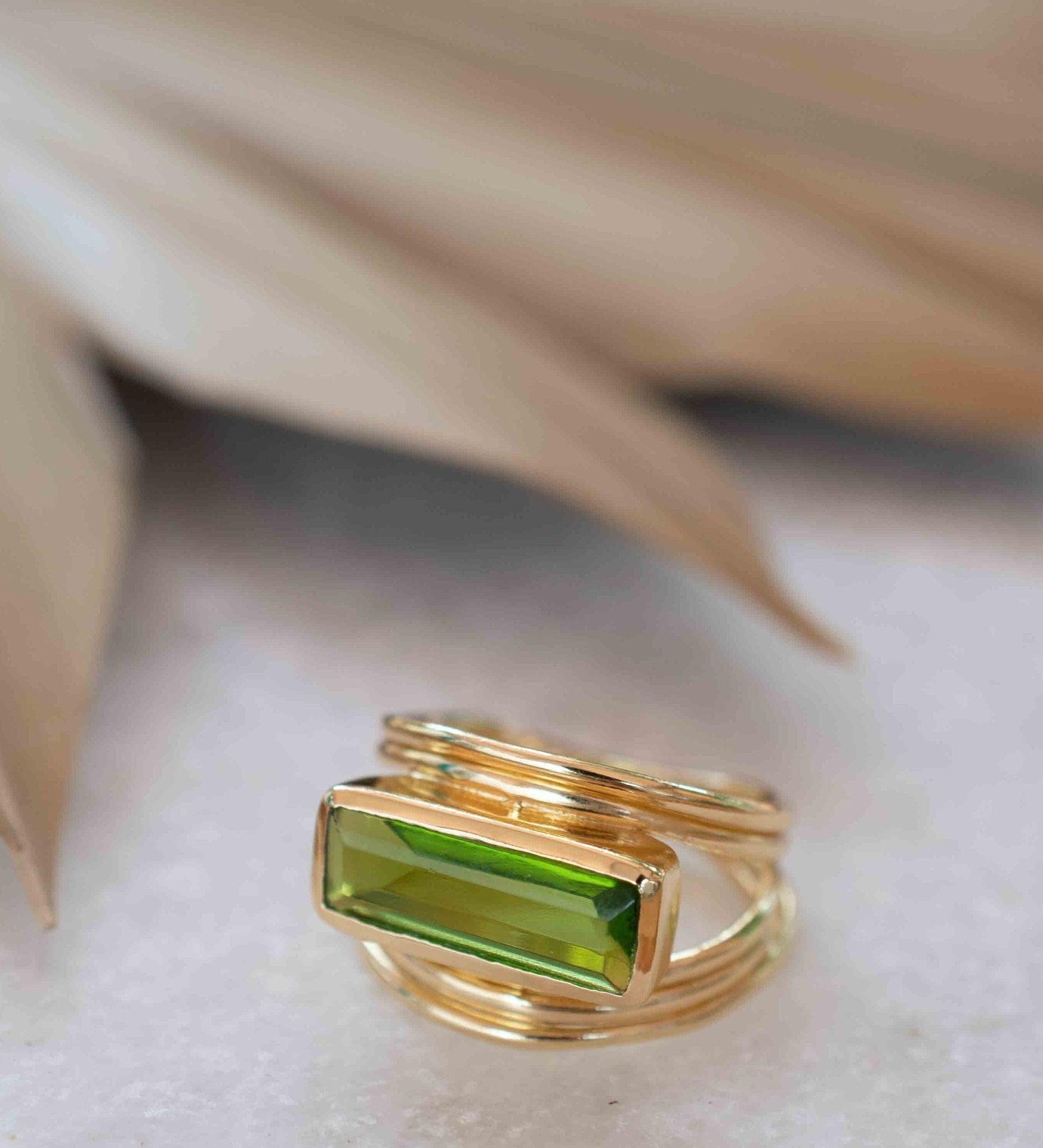 Peridot Hydro Ring ~ Rectangular Stone ~ 18k Gold Plated ~ Jewelry ~ Handmade ~ Boho ~ MR301