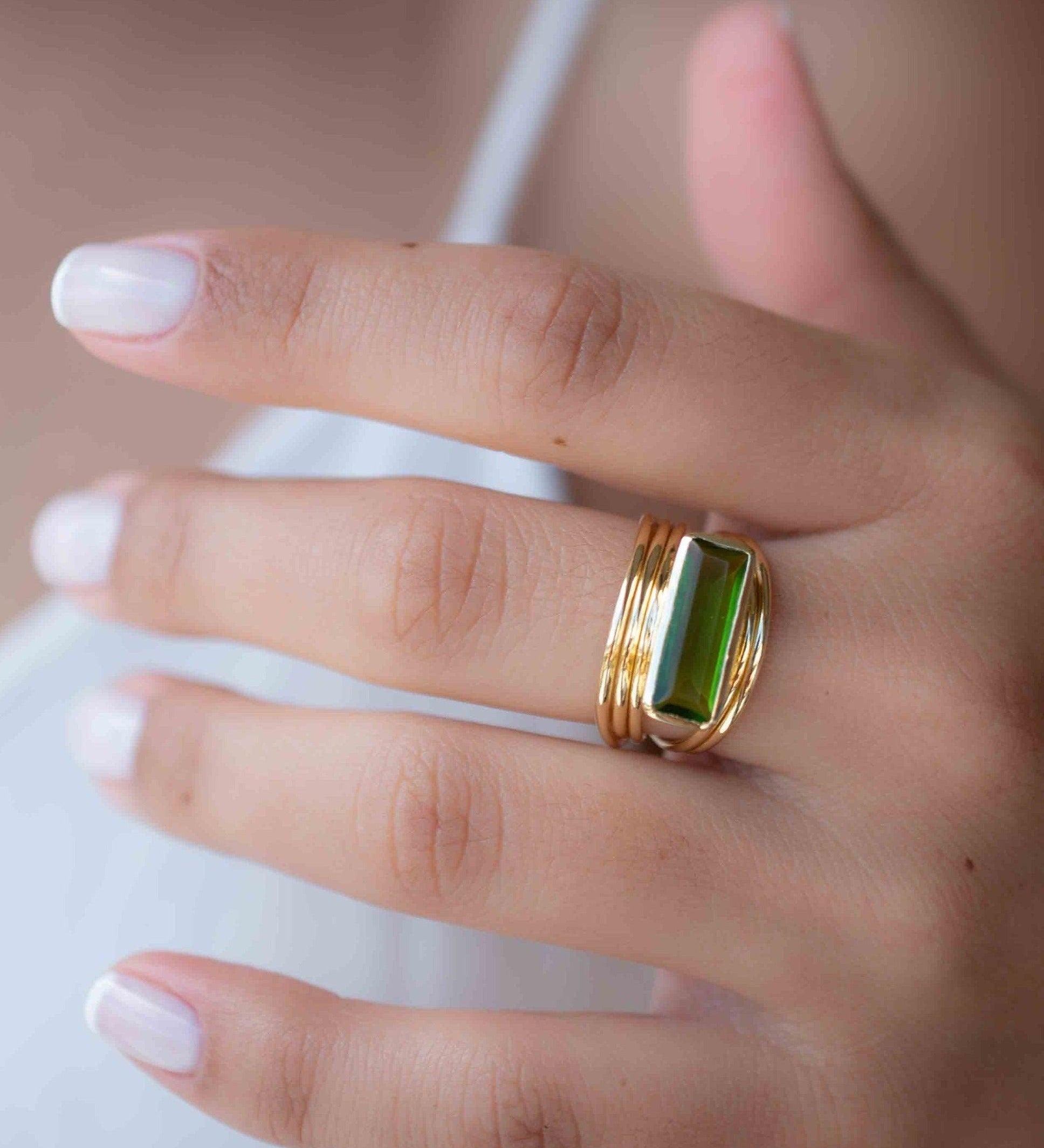 Peridot Hydro Ring ~ Rectangular Stone ~ 18k Gold Plated ~ Jewelry ~ Handmade ~ Boho ~ MR301