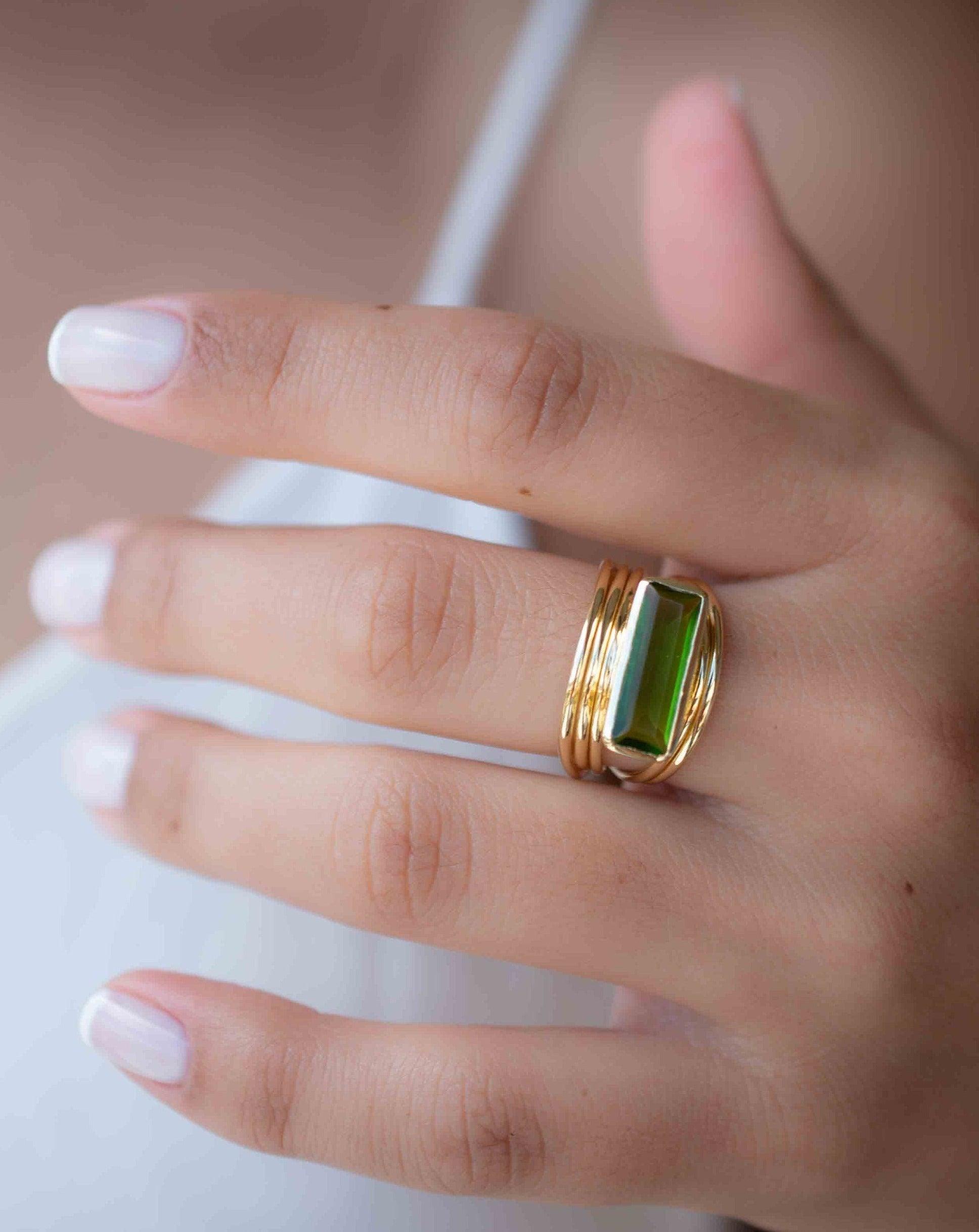 Peridot Hydro Ring ~ Rectangular Stone ~ 18k Gold Plated ~ Jewelry ~ Handmade ~ Boho ~ MR301
