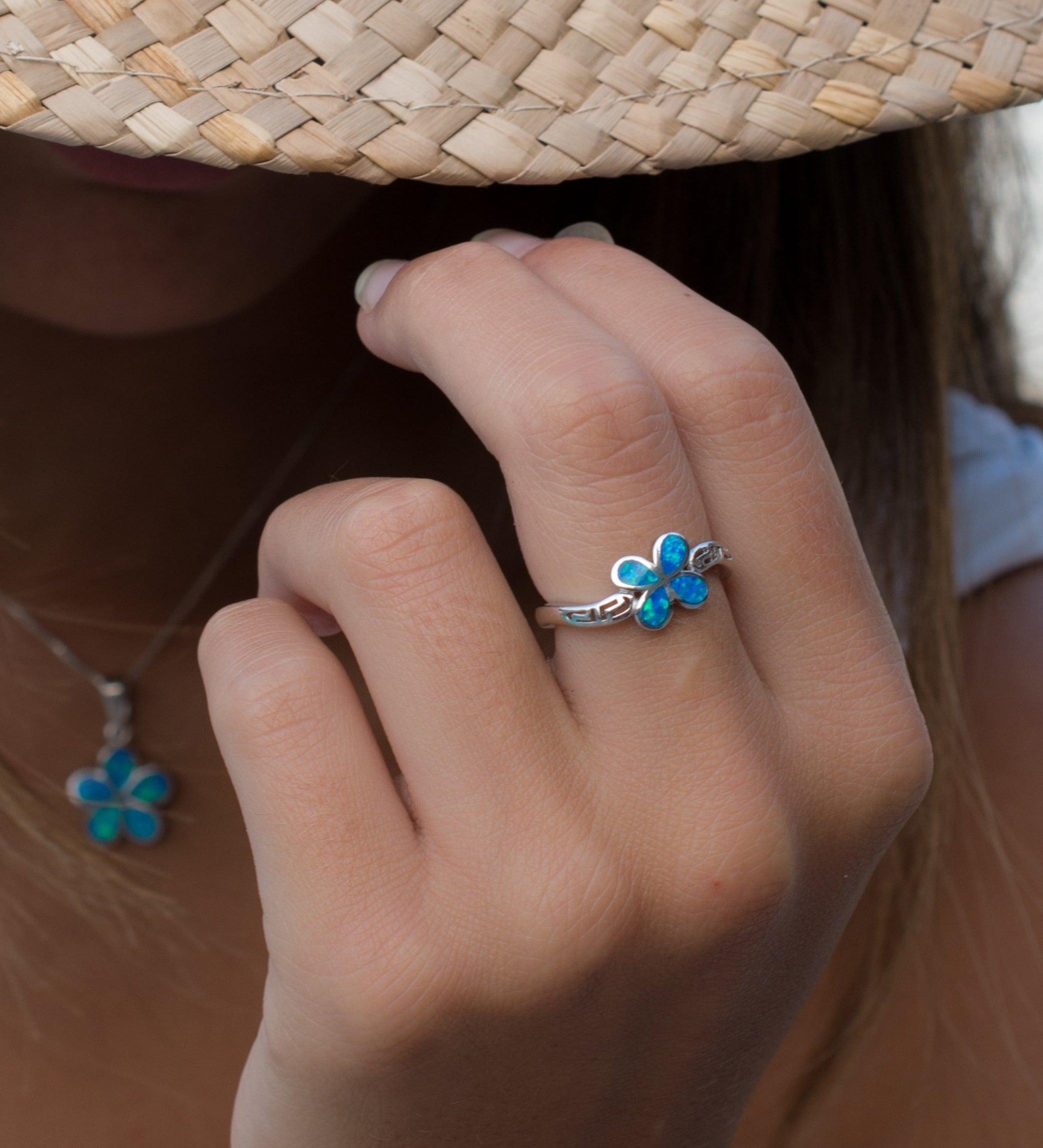 Plumeria Flower Blue Opal Ring ~Sterling Silver 925~ SMR045 - Maresia Jewelry