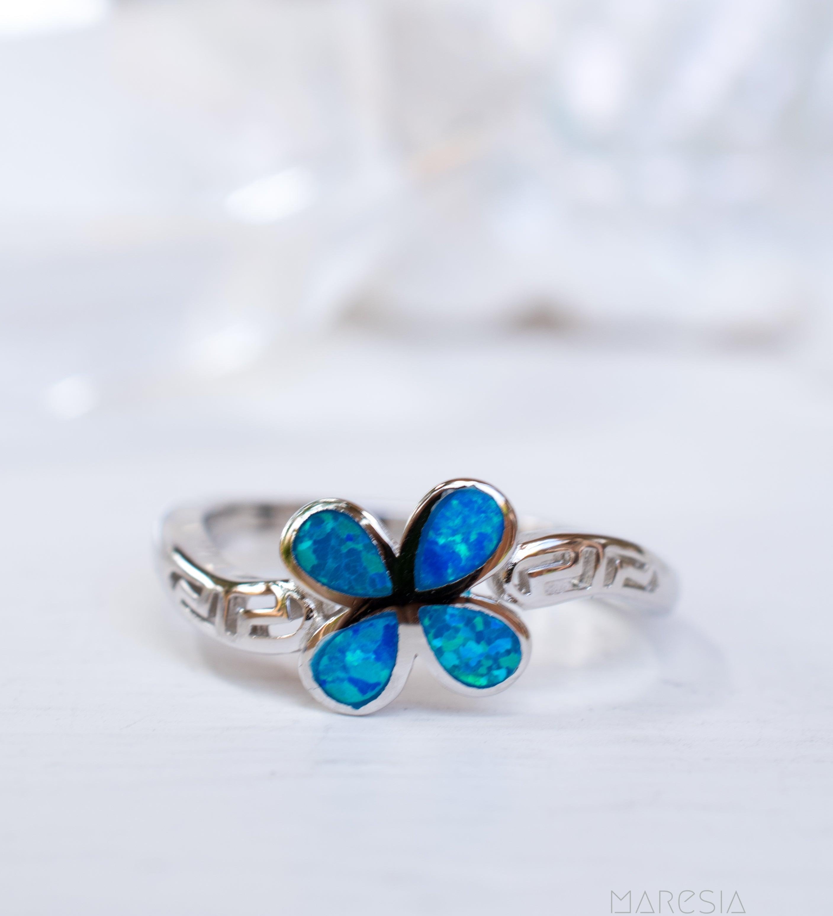 Plumeria Flower Blue Opal Ring ~Sterling Silver 925~ SMR045 - Maresia Jewelry