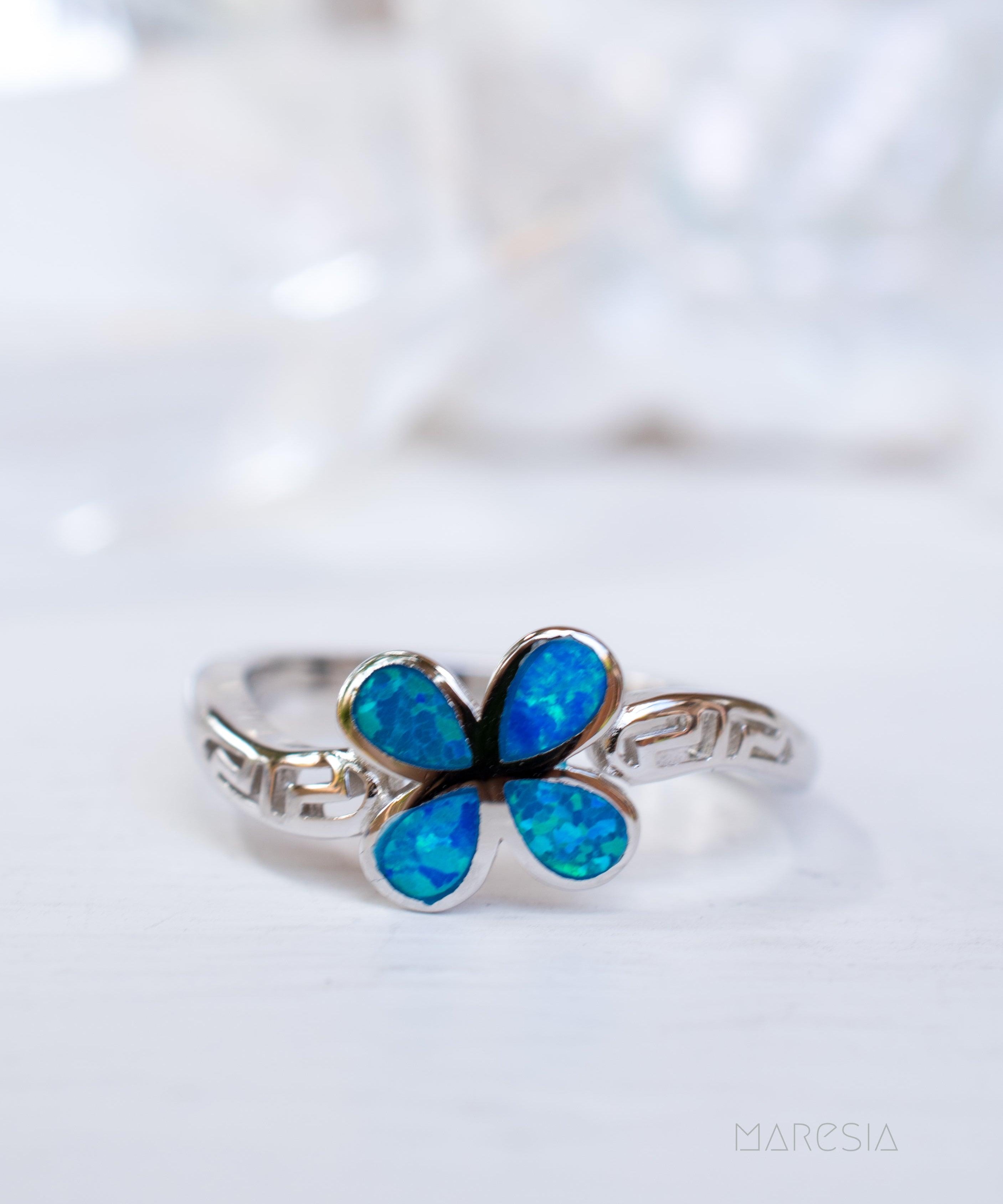 Plumeria Flower Blue Opal Ring ~Sterling Silver 925~ SMR045 - Maresia Jewelry