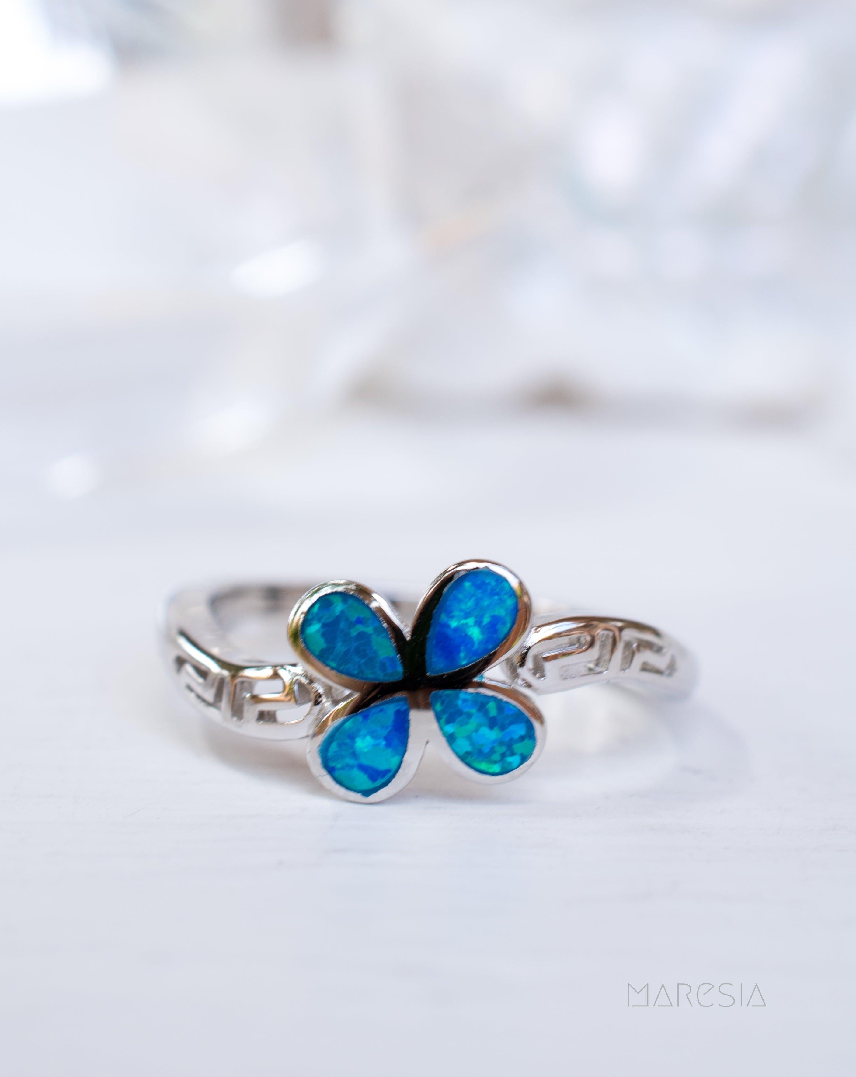 Plumeria Flower Blue Opal Ring ~Sterling Silver 925~ SMR045 - Maresia Jewelry