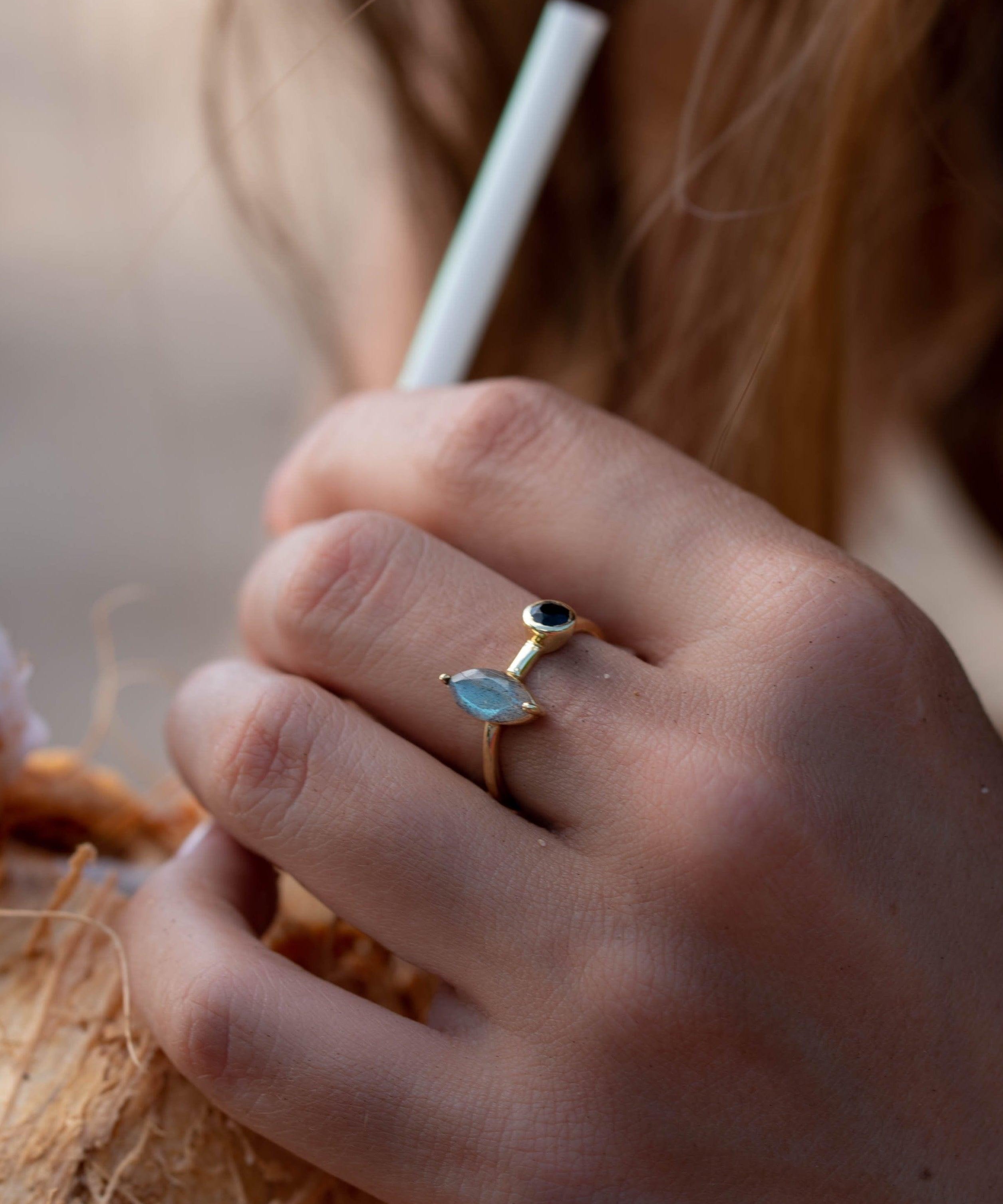 Rainbow Labradorite & Black Onyx Ring~ 18k Gold Plated~  MR157 - Maresia Jewelry