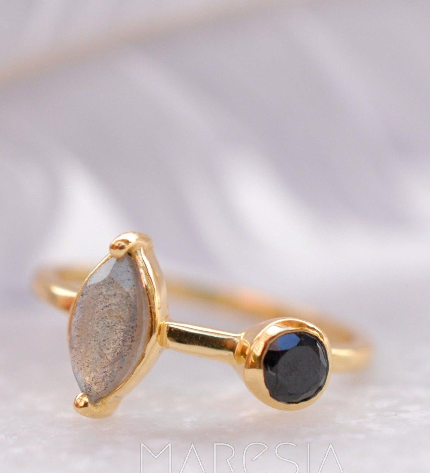 Rainbow Labradorite & Black Onyx Ring~ 18k Gold Plated~  MR157 - Maresia Jewelry