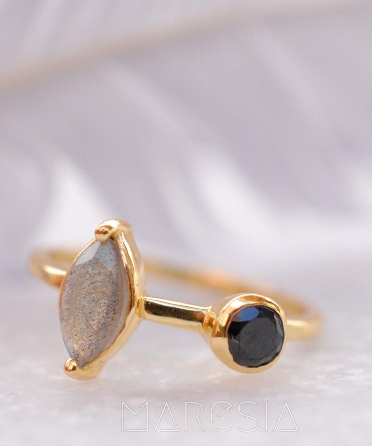 Rainbow Labradorite & Black Onyx Ring~ 18k Gold Plated~  MR157 - Maresia Jewelry