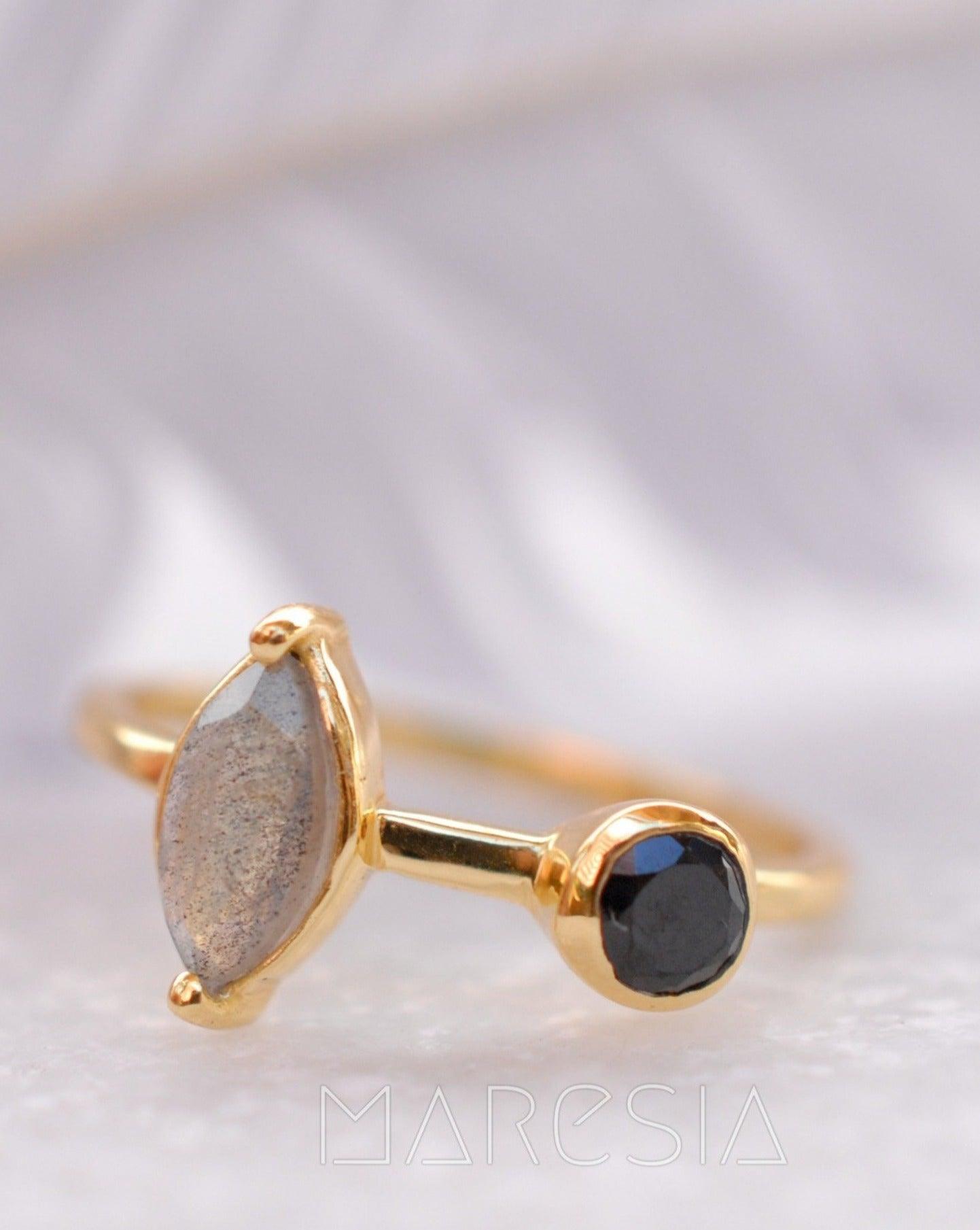 Rainbow Labradorite & Black Onyx Ring~ 18k Gold Plated~  MR157 - Maresia Jewelry