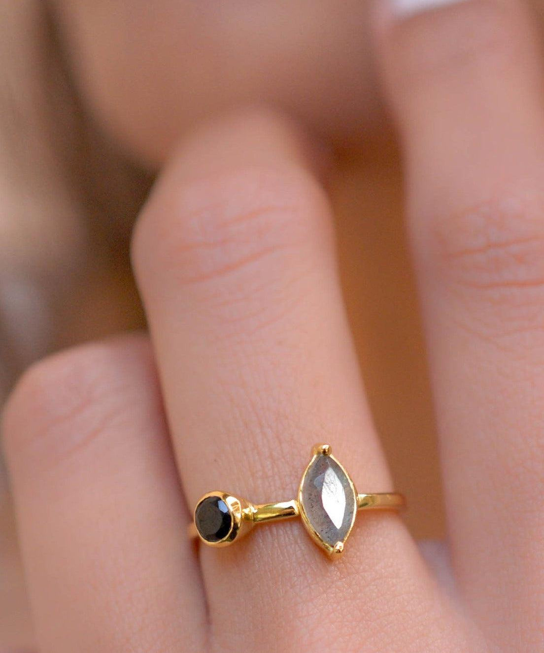 Rainbow Labradorite & Black Onyx Ring~ 18k Gold Plated~  MR157 - Maresia Jewelry