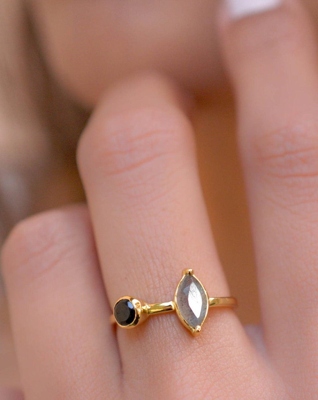 Rainbow Labradorite & Black Onyx Ring~ 18k Gold Plated~  MR157 - Maresia Jewelry