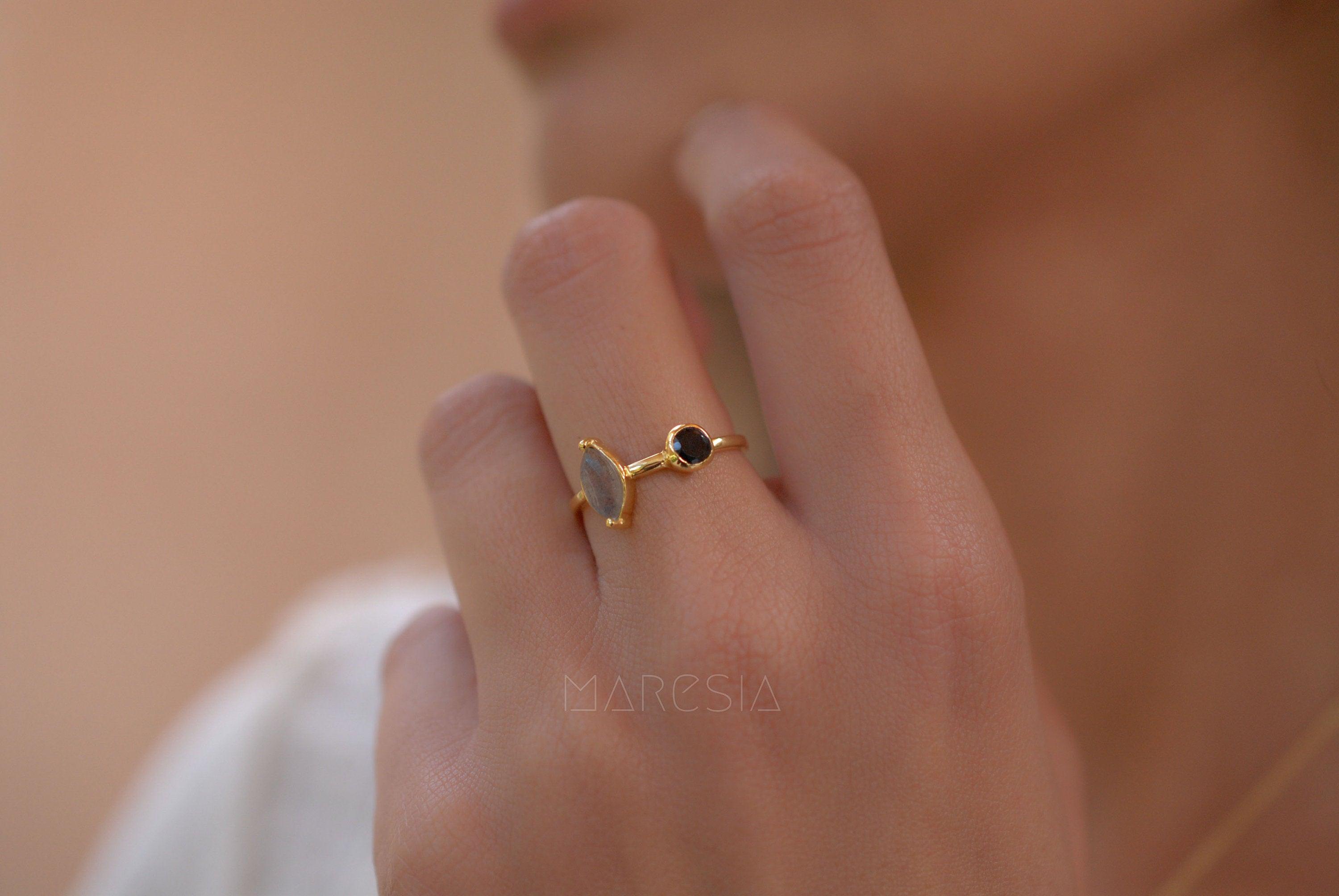 Rainbow Labradorite & Black Onyx Ring~ 18k Gold Plated~  MR157 - Maresia Jewelry