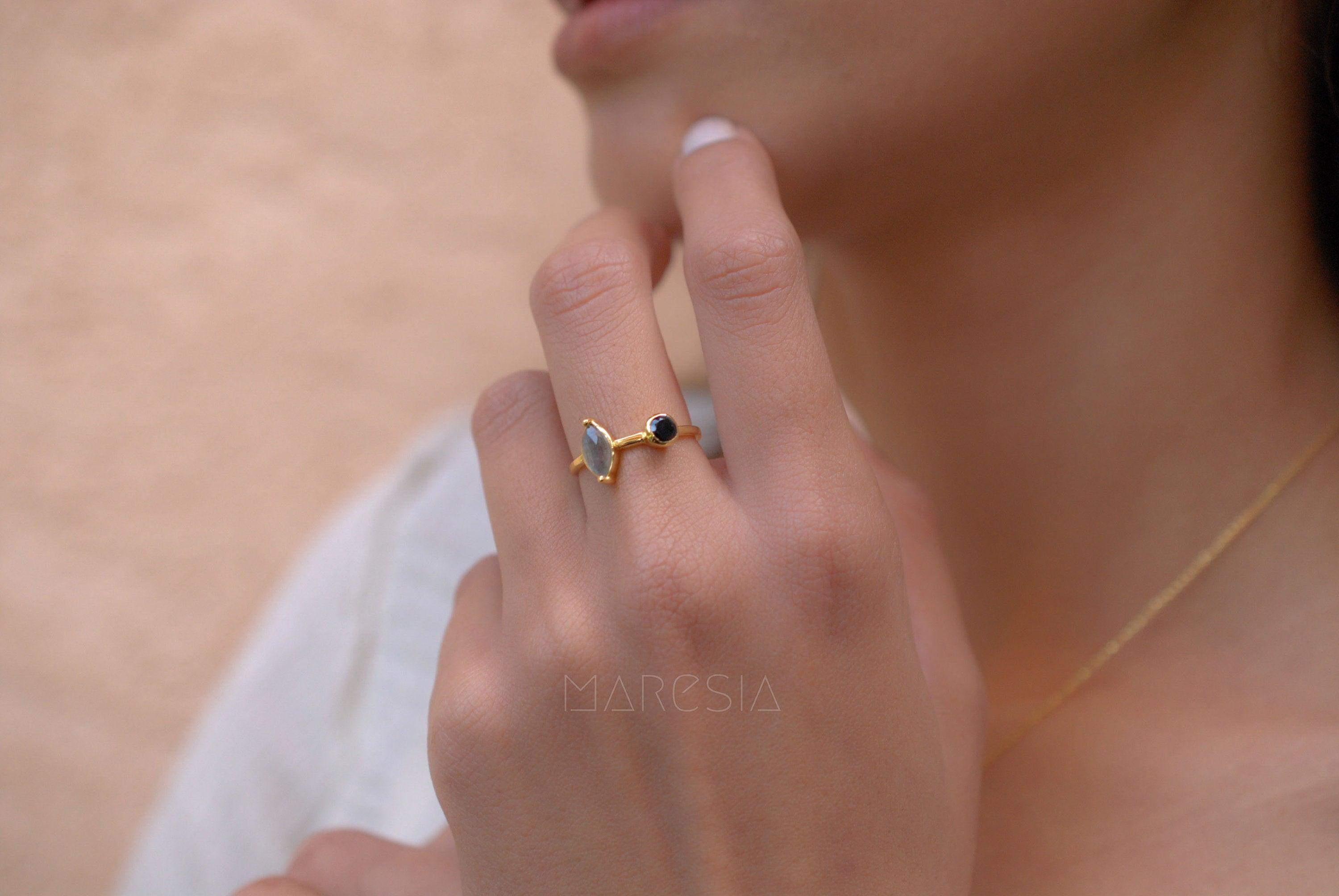 Rainbow Labradorite & Black Onyx Ring~ 18k Gold Plated~  MR157 - Maresia Jewelry