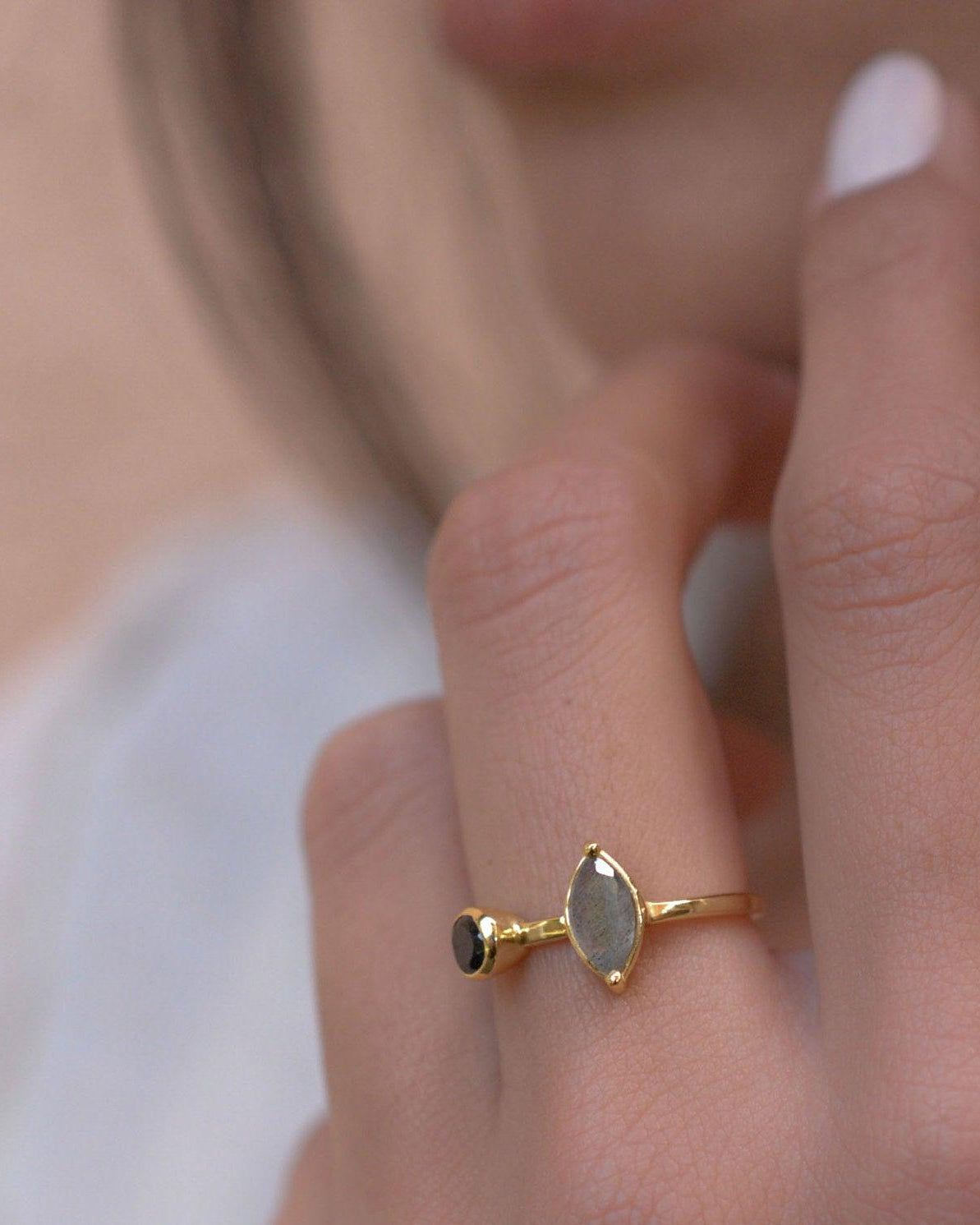 Rainbow Labradorite & Black Onyx Ring~ 18k Gold Plated~  MR157 - Maresia Jewelry