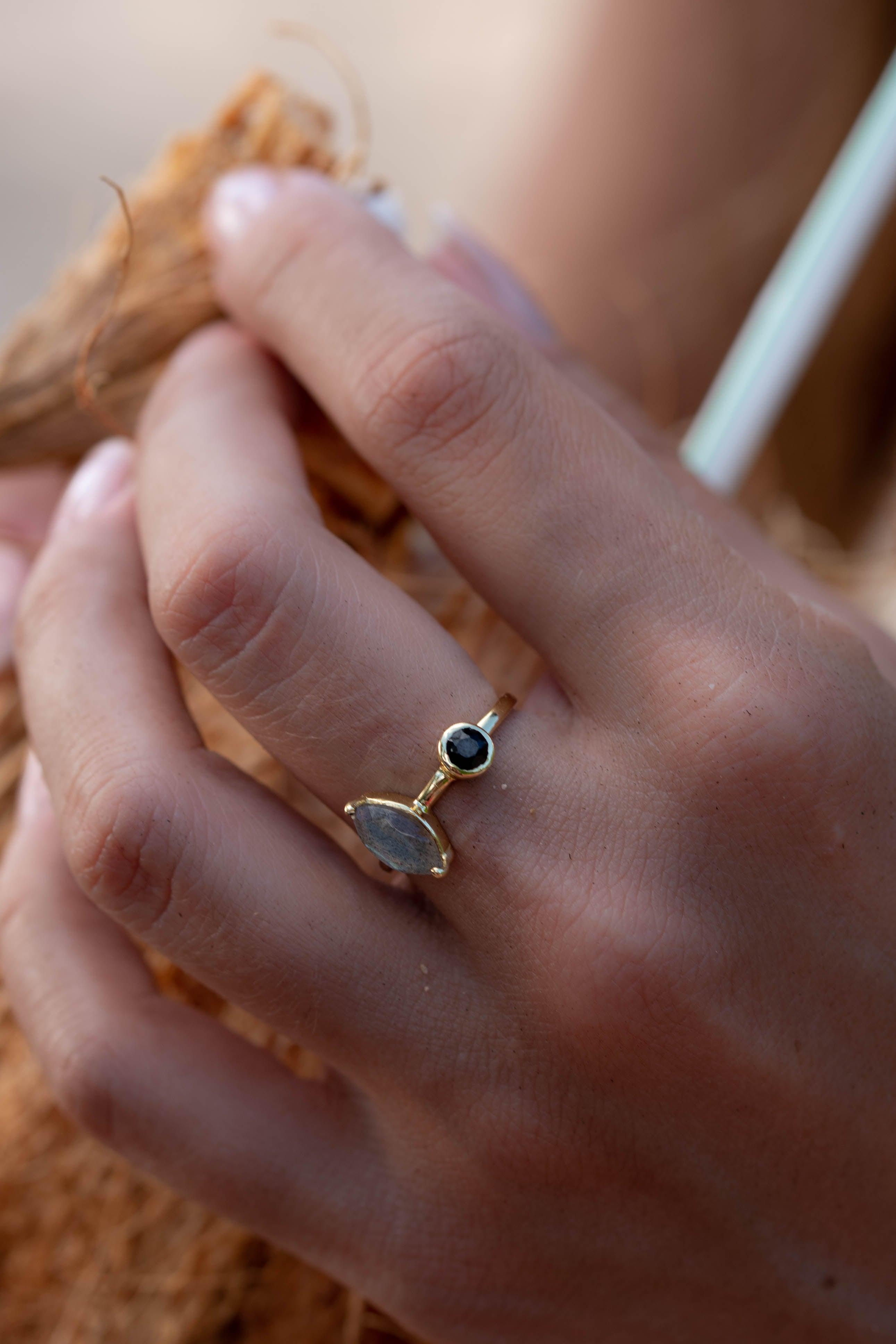 Rainbow Labradorite & Black Onyx Ring~ 18k Gold Plated~  MR157 - Maresia Jewelry