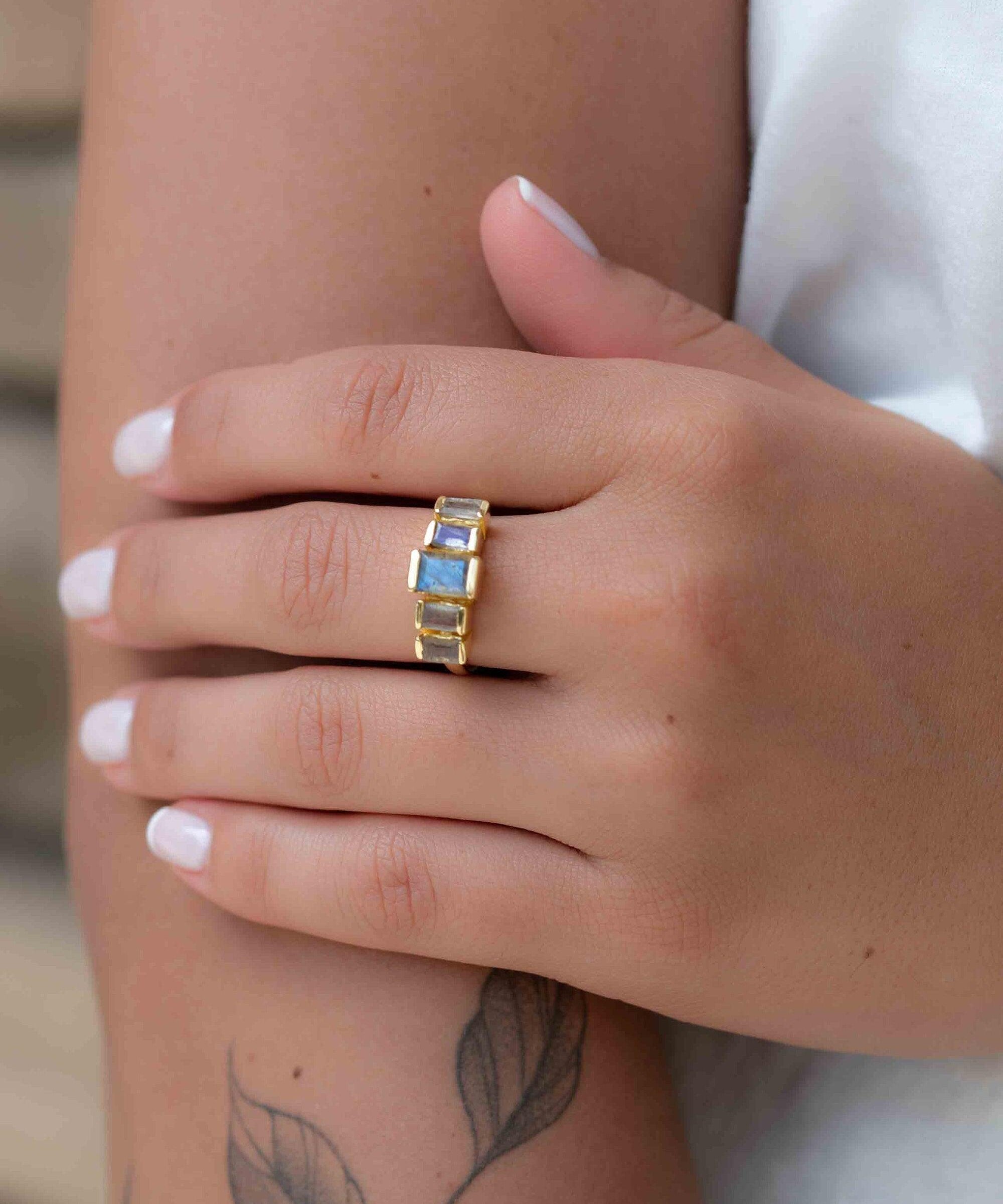 Rainbow Labradorite Ring ~ Rectangular Stone~ Gemstone ~ Natural ~ 18k Gold Plated ~ Jewelry ~ Handmade ~ February Birthstone ~ MR317