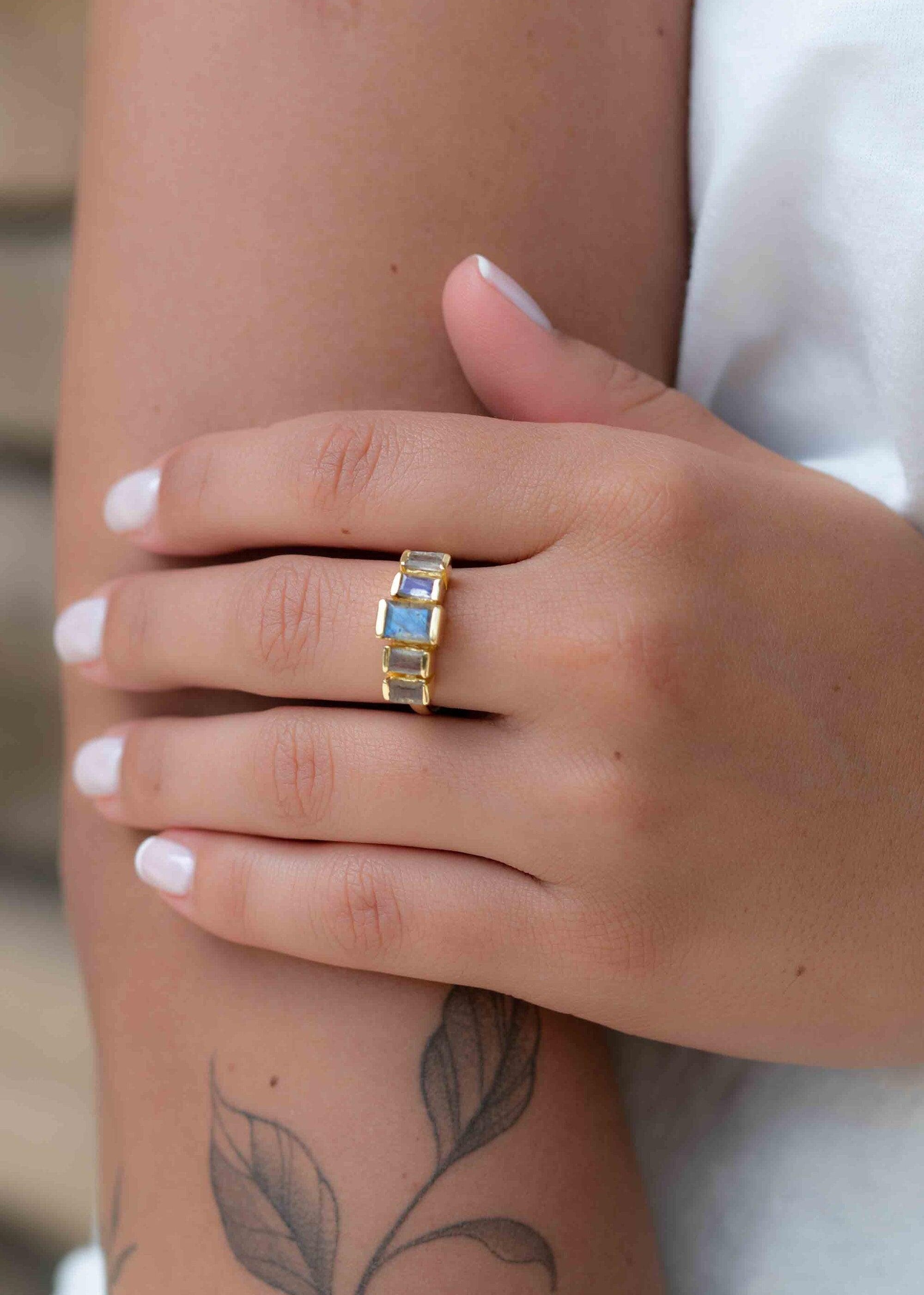 Rainbow Labradorite Ring ~ Rectangular Stone~ Gemstone ~ Natural ~ 18k Gold Plated ~ Jewelry ~ Handmade ~ February Birthstone ~ MR317