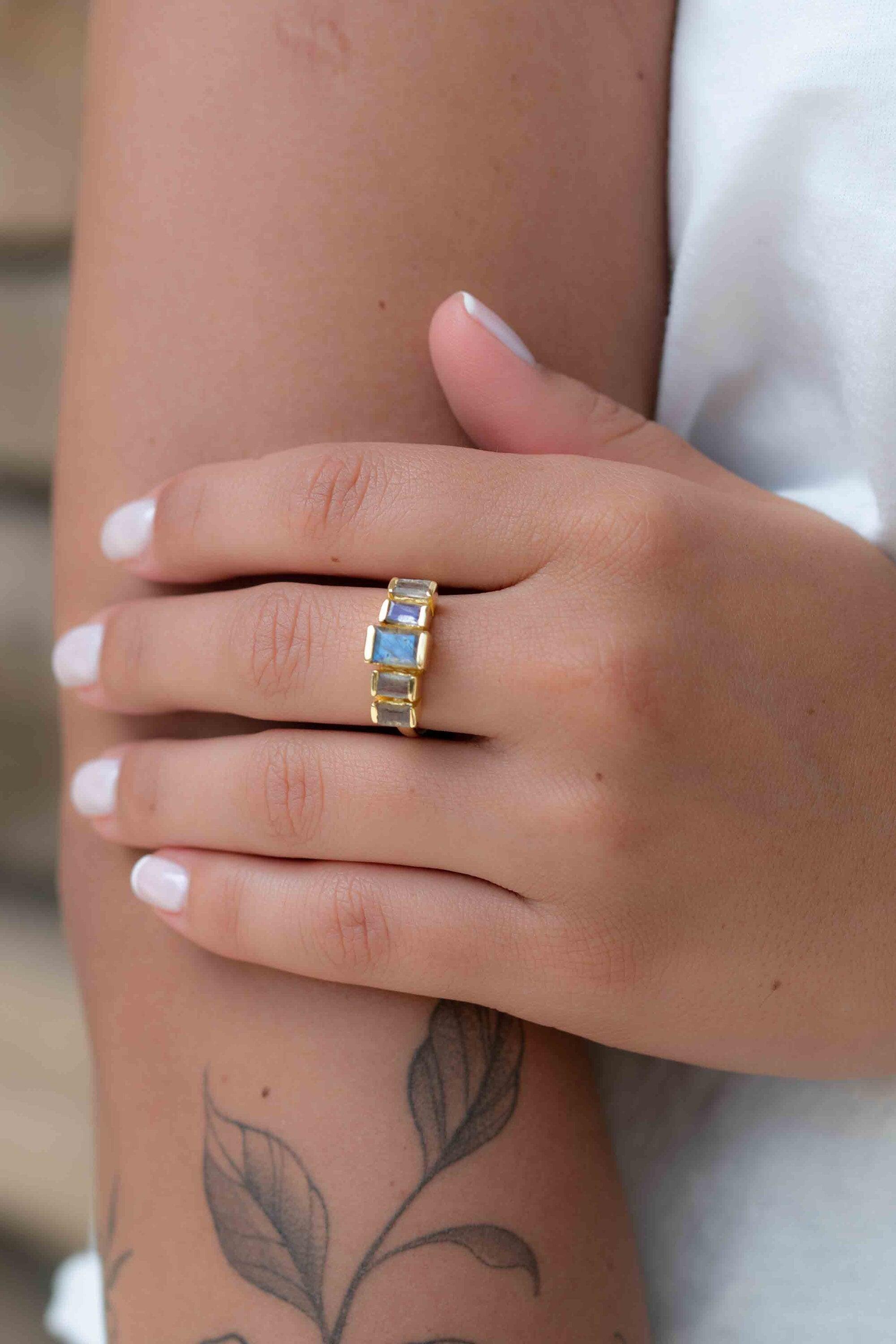 Rainbow Labradorite Ring ~ Rectangular Stone~ Gemstone ~ Natural ~ 18k Gold Plated ~ Jewelry ~ Handmade ~ February Birthstone ~ MR317