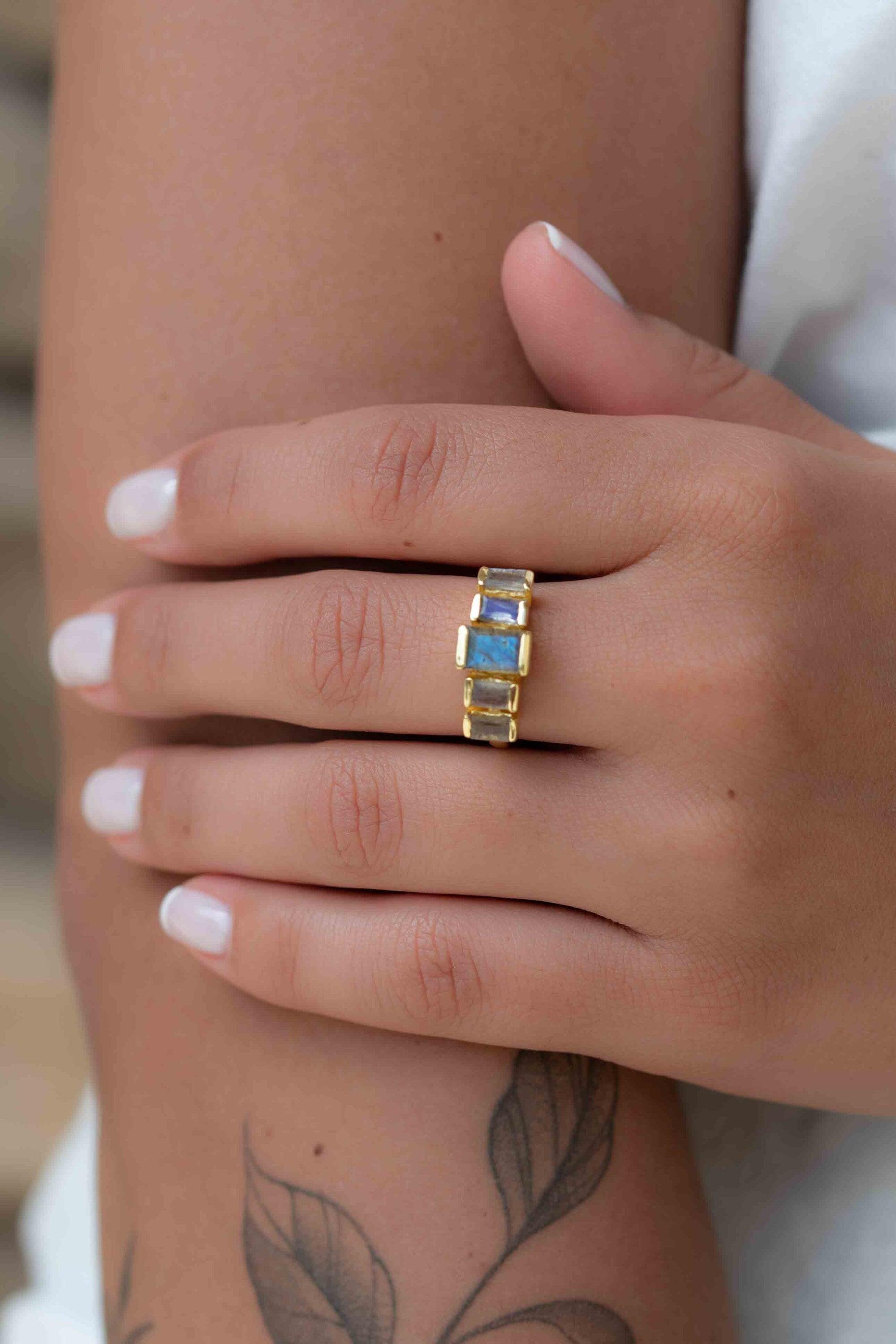 Rainbow Labradorite Ring ~ Rectangular Stone~ Gemstone ~ Natural ~ 18k Gold Plated ~ Jewelry ~ Handmade ~ February Birthstone ~ MR317