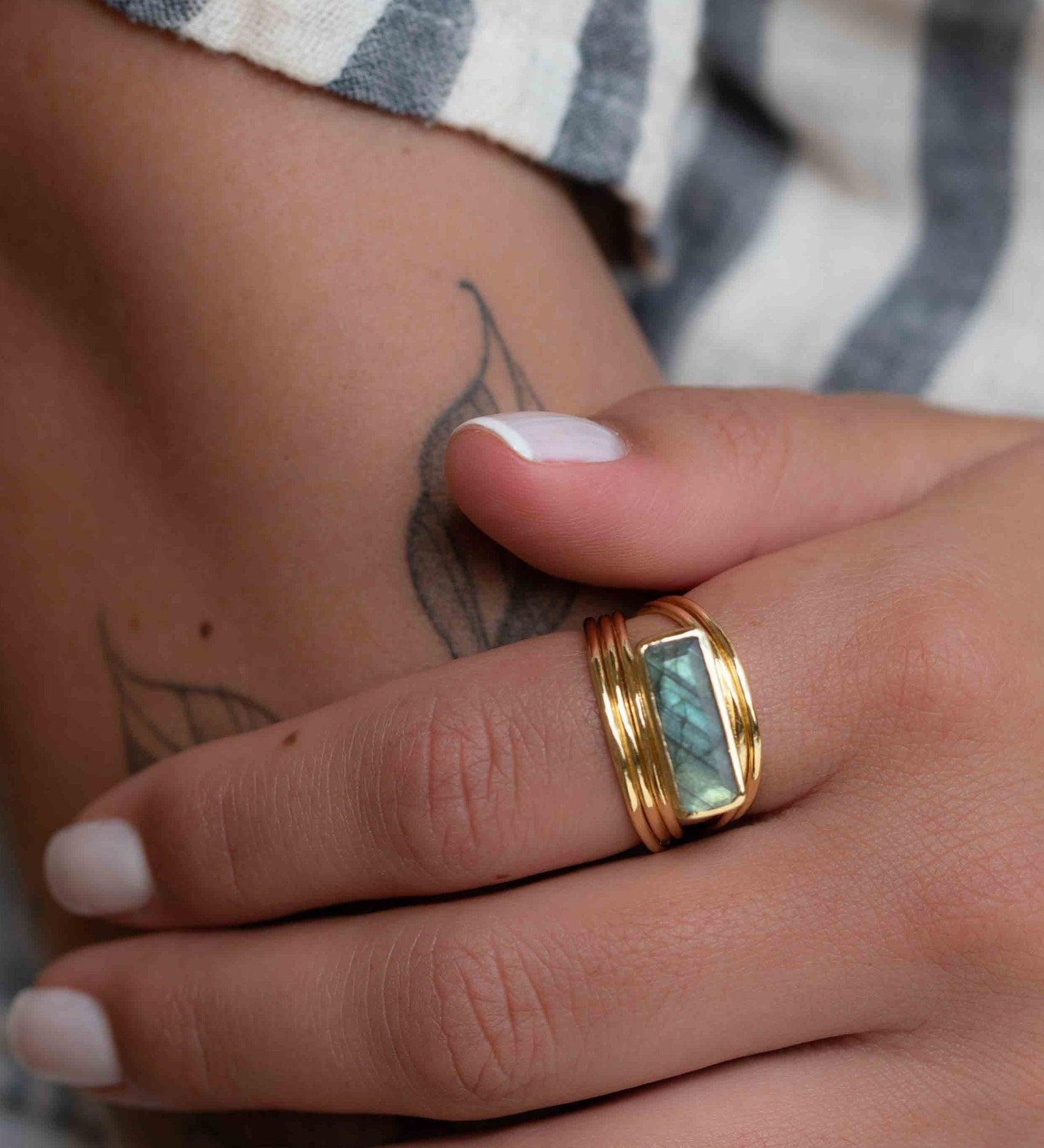Rainbow Labradorite Ring ~ Rectangular Stone~ Gemstone ~ Natural ~ 18k Gold Plated ~ Jewelry ~ Handmade ~ February Birthstone ~ MR304
