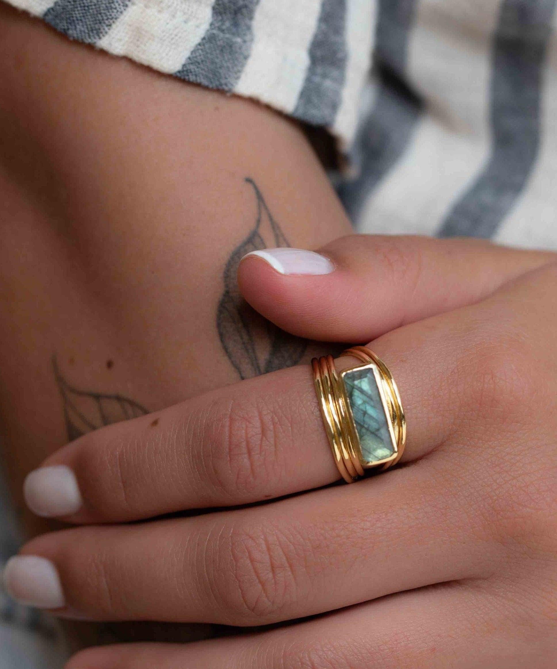 Rainbow Labradorite Ring ~ Rectangular Stone~ Gemstone ~ Natural ~ 18k Gold Plated ~ Jewelry ~ Handmade ~ February Birthstone ~ MR304