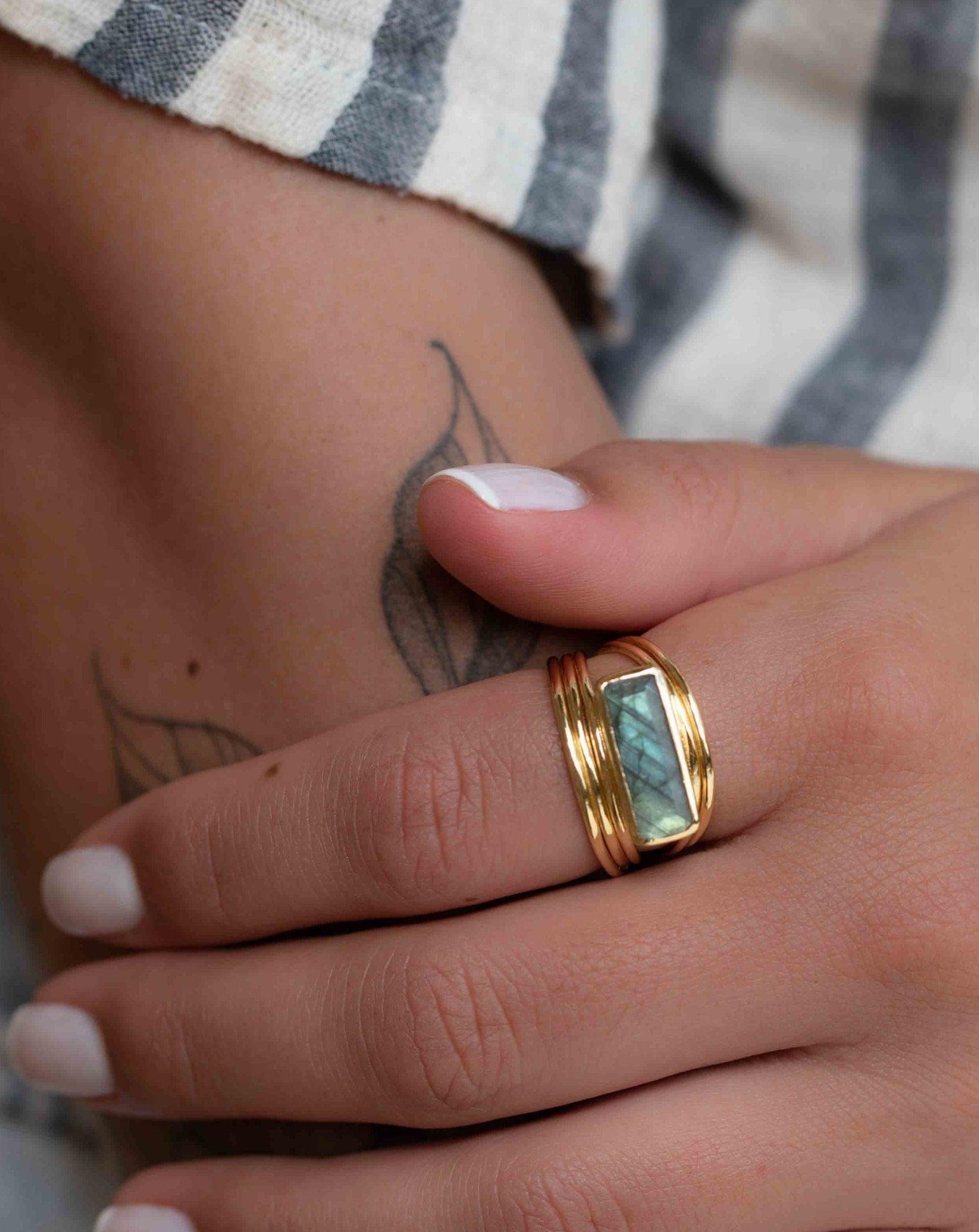 Rainbow Labradorite Ring ~ Rectangular Stone~ Gemstone ~ Natural ~ 18k Gold Plated ~ Jewelry ~ Handmade ~ February Birthstone ~ MR304