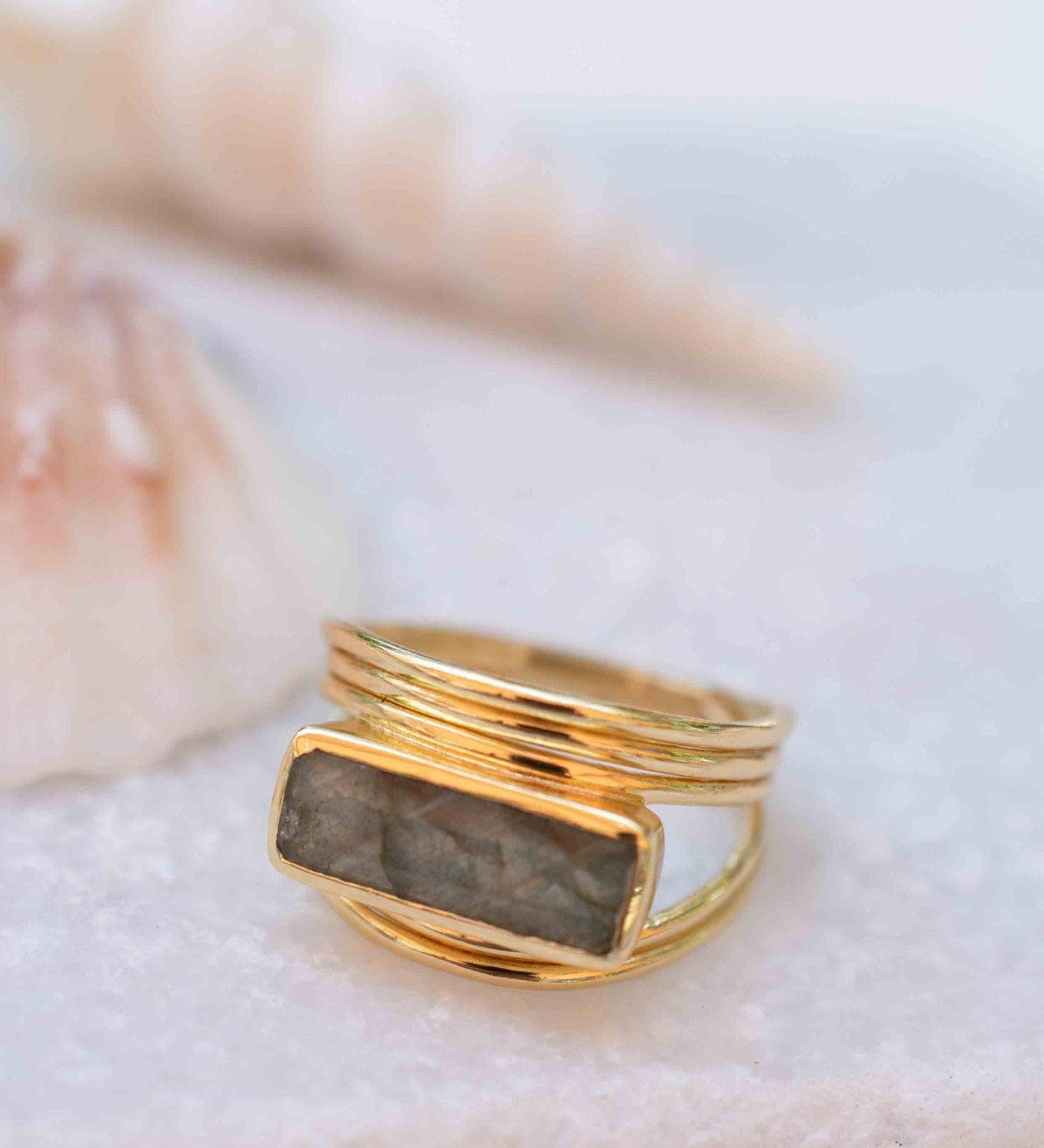 Rainbow Labradorite Ring ~ Rectangular Stone~ Gemstone ~ Natural ~ 18k Gold Plated ~ Jewelry ~ Handmade ~ February Birthstone ~ MR304