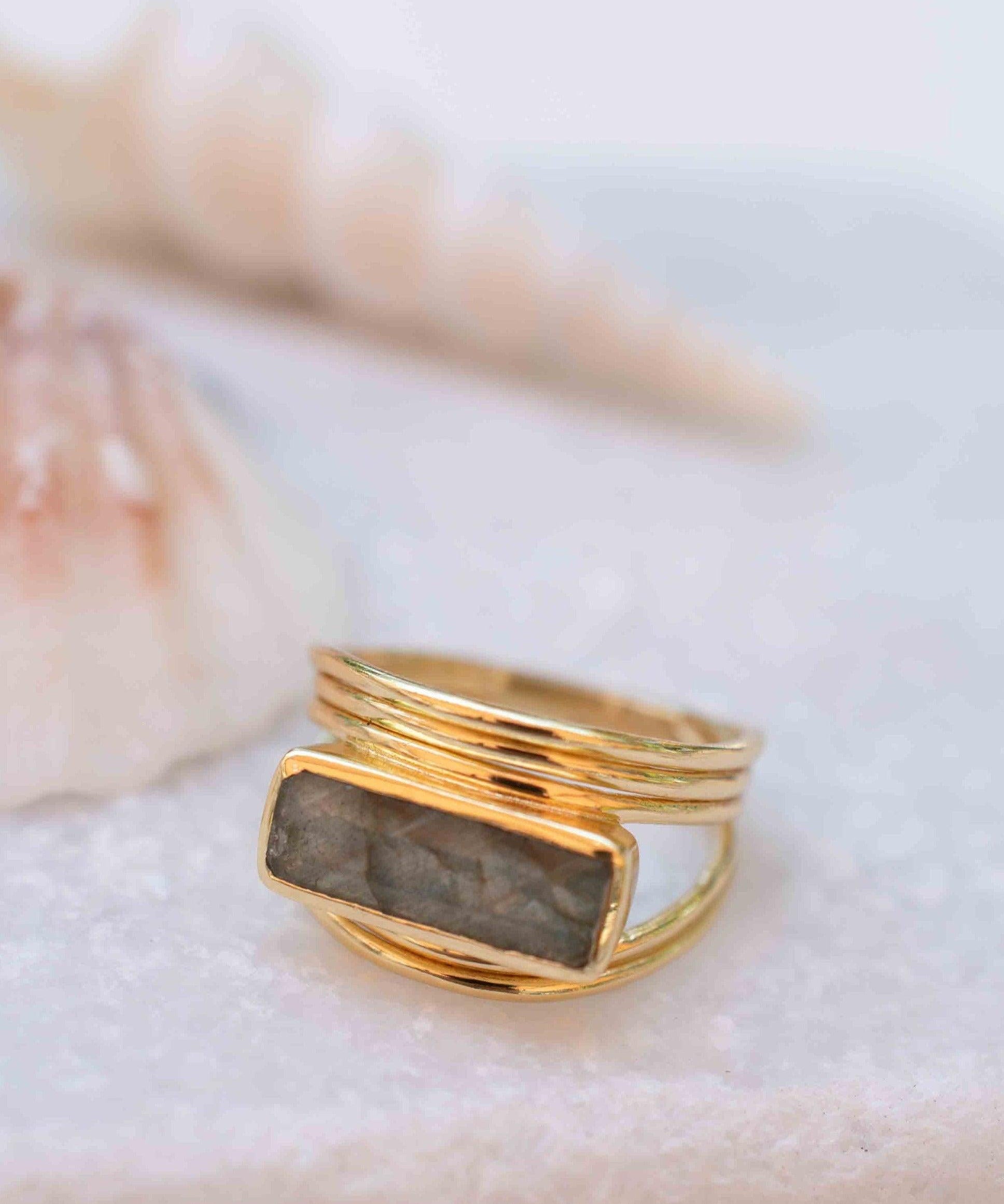 Rainbow Labradorite Ring ~ Rectangular Stone~ Gemstone ~ Natural ~ 18k Gold Plated ~ Jewelry ~ Handmade ~ February Birthstone ~ MR304