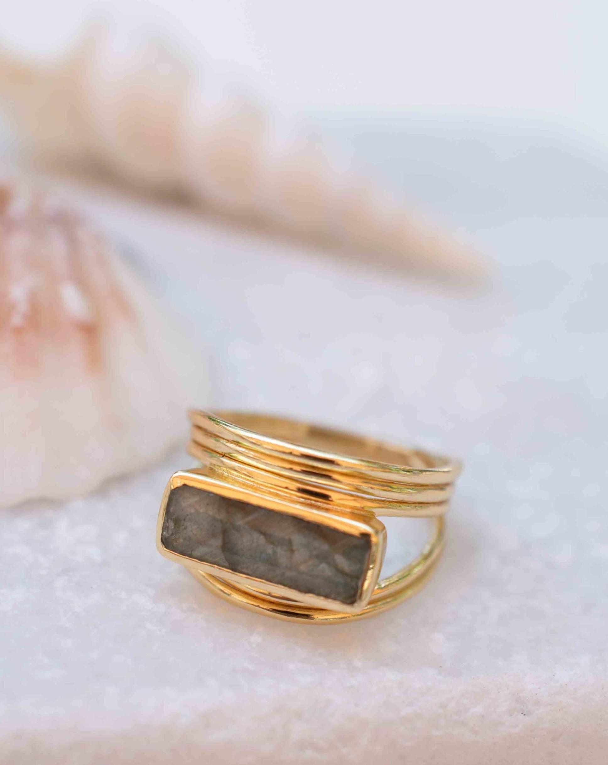 Rainbow Labradorite Ring ~ Rectangular Stone~ Gemstone ~ Natural ~ 18k Gold Plated ~ Jewelry ~ Handmade ~ February Birthstone ~ MR304