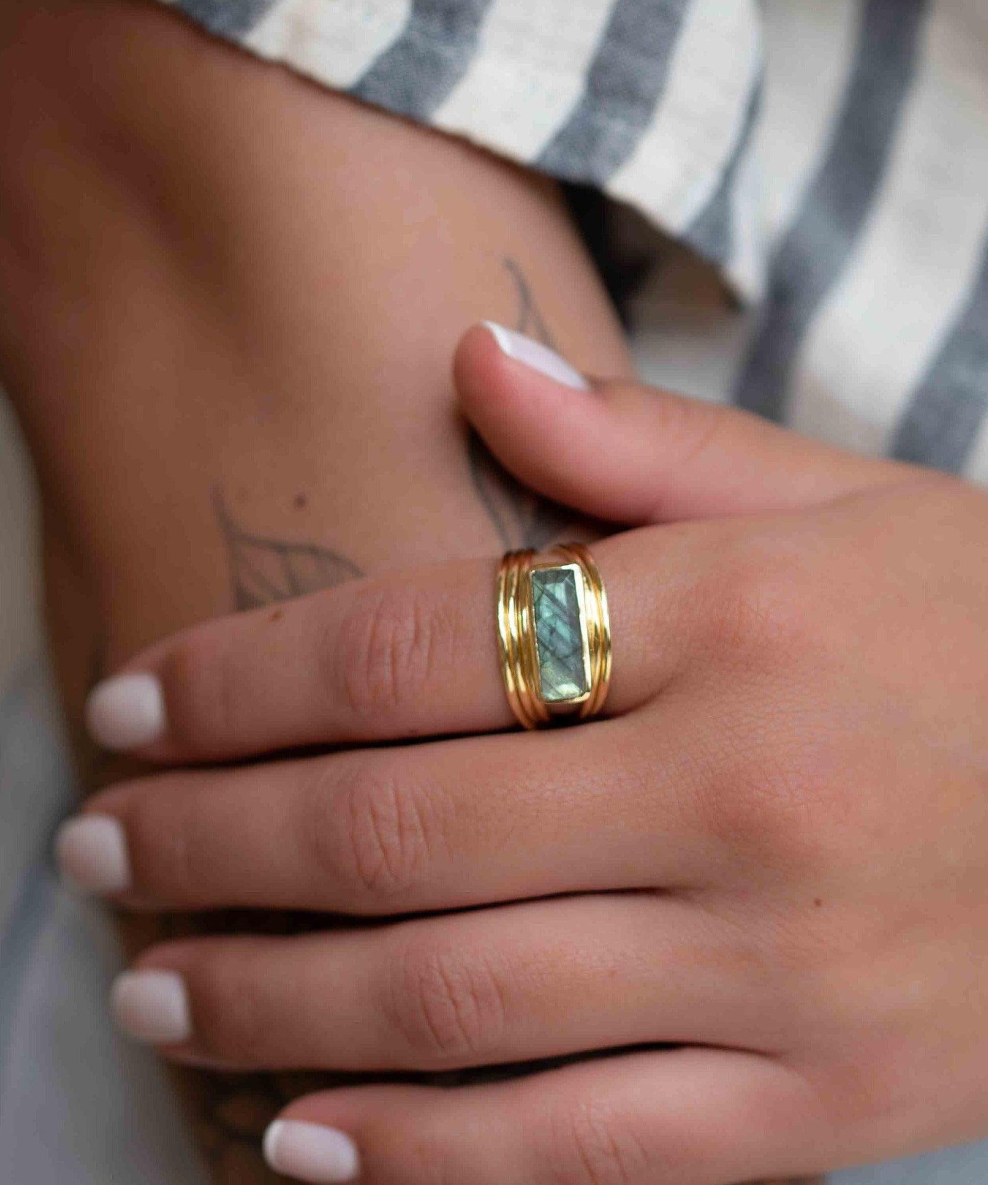 Rainbow Labradorite Ring ~ Rectangular Stone~ Gemstone ~ Natural ~ 18k Gold Plated ~ Jewelry ~ Handmade ~ February Birthstone ~ MR304