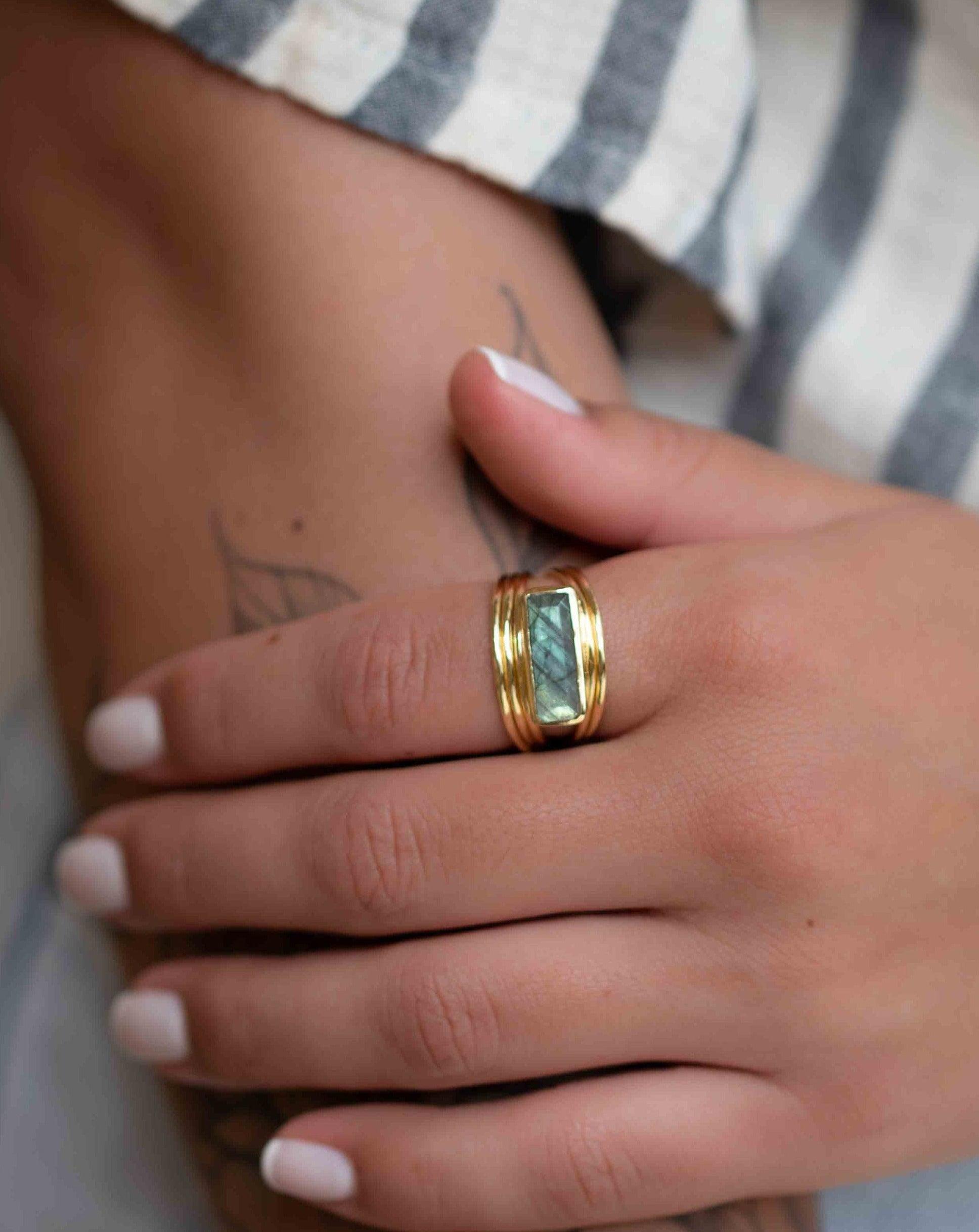 Rainbow Labradorite Ring ~ Rectangular Stone~ Gemstone ~ Natural ~ 18k Gold Plated ~ Jewelry ~ Handmade ~ February Birthstone ~ MR304