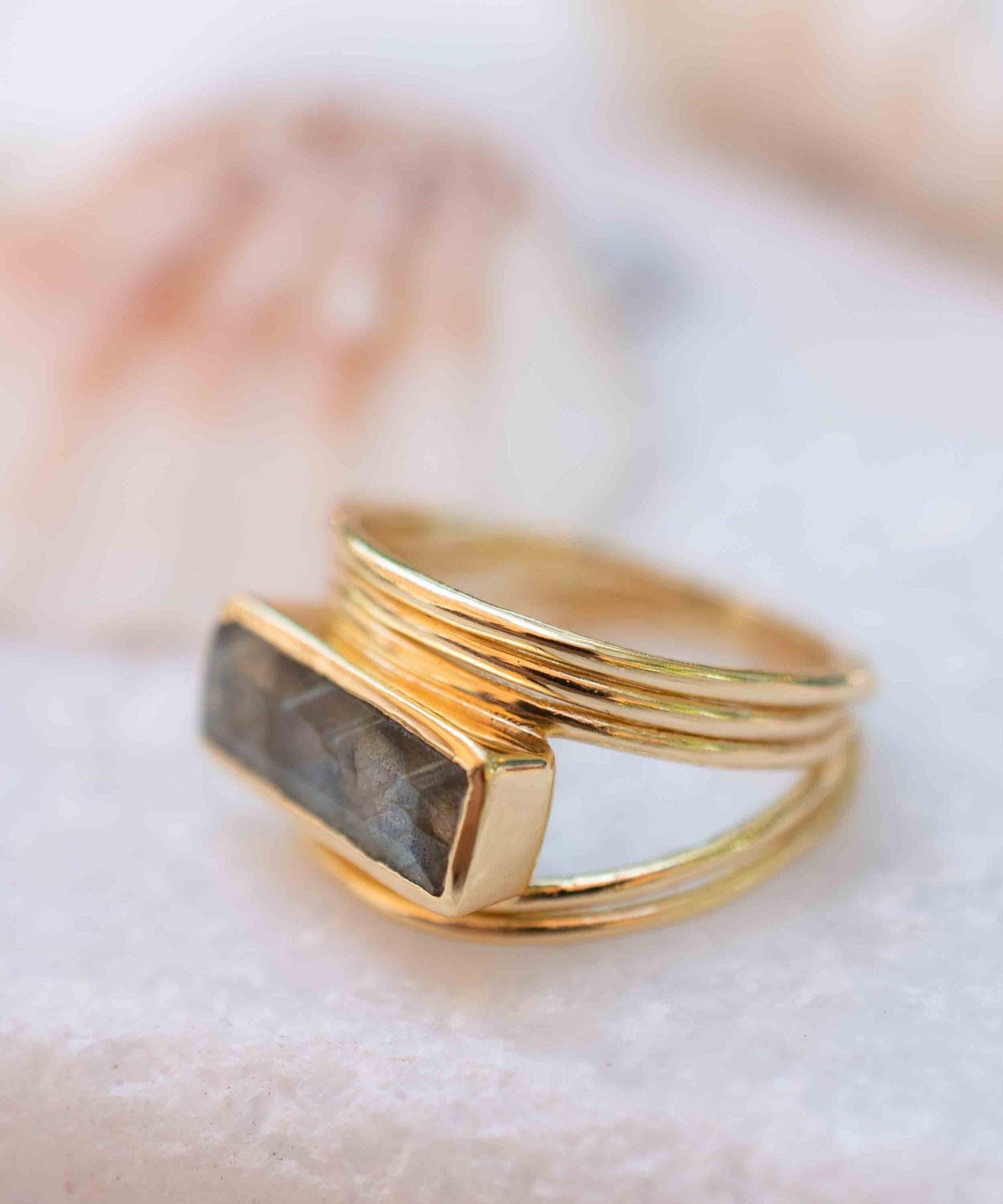 Rainbow Labradorite Ring ~ Rectangular Stone~ Gemstone ~ Natural ~ 18k Gold Plated ~ Jewelry ~ Handmade ~ February Birthstone ~ MR304