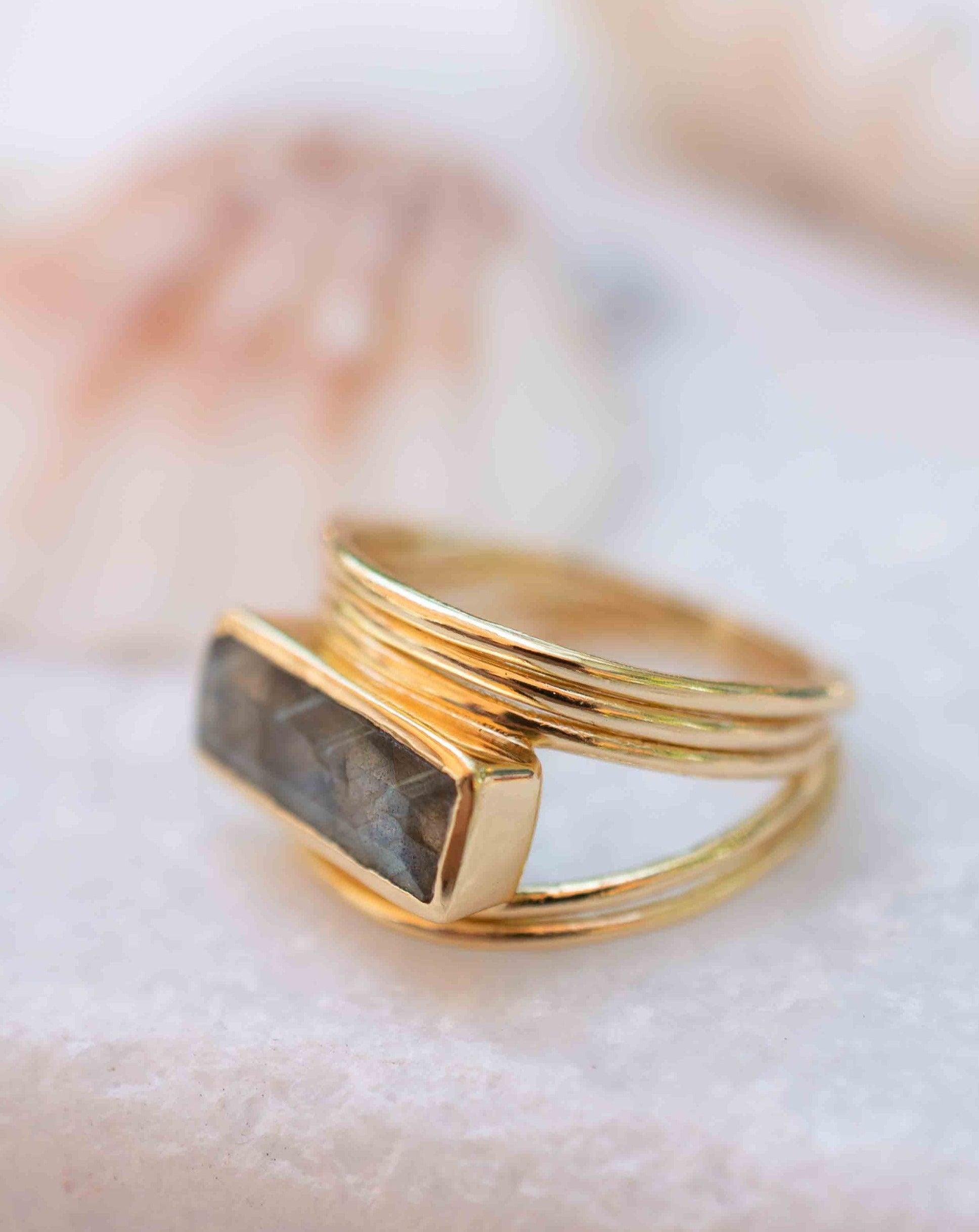 Rainbow Labradorite Ring ~ Rectangular Stone~ Gemstone ~ Natural ~ 18k Gold Plated ~ Jewelry ~ Handmade ~ February Birthstone ~ MR304