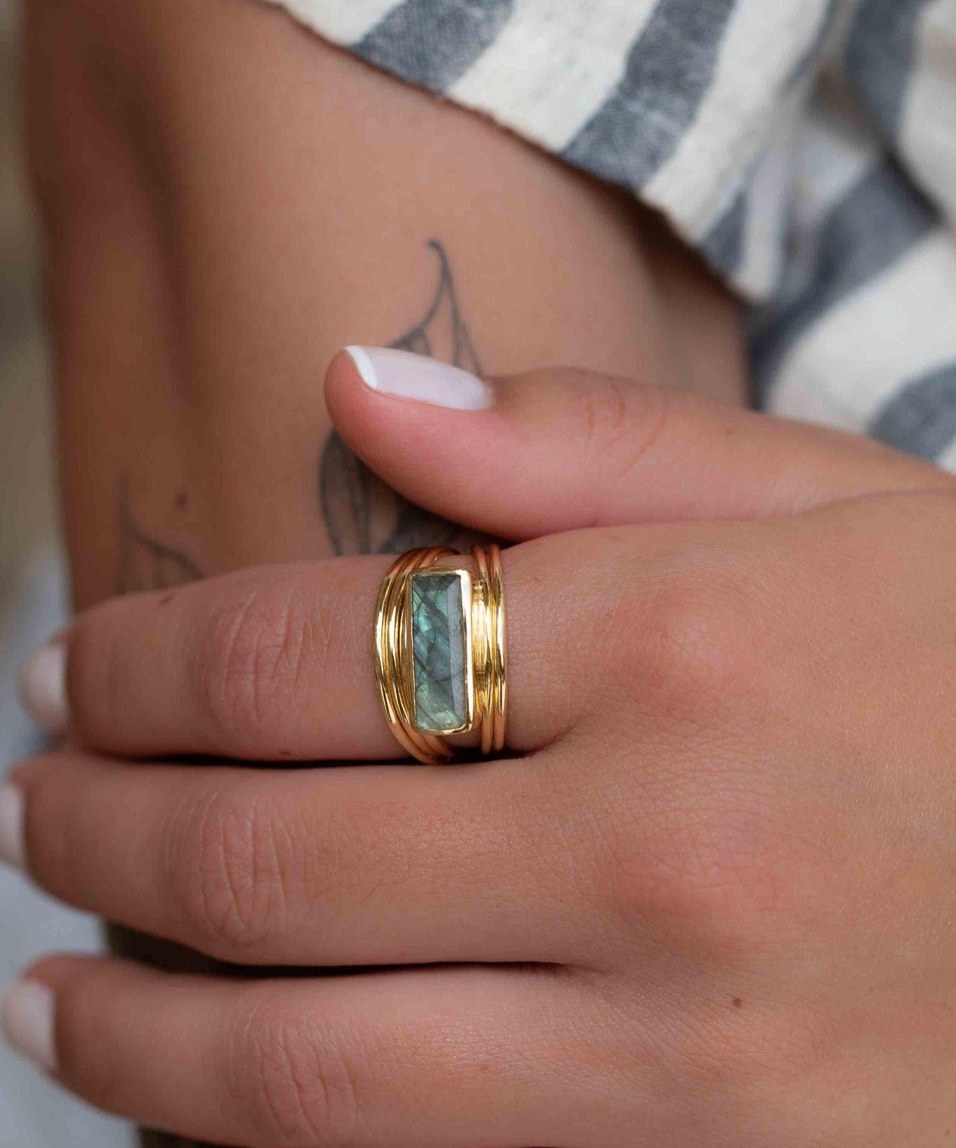 Rainbow Labradorite Ring ~ Rectangular Stone~ Gemstone ~ Natural ~ 18k Gold Plated ~ Jewelry ~ Handmade ~ February Birthstone ~ MR304