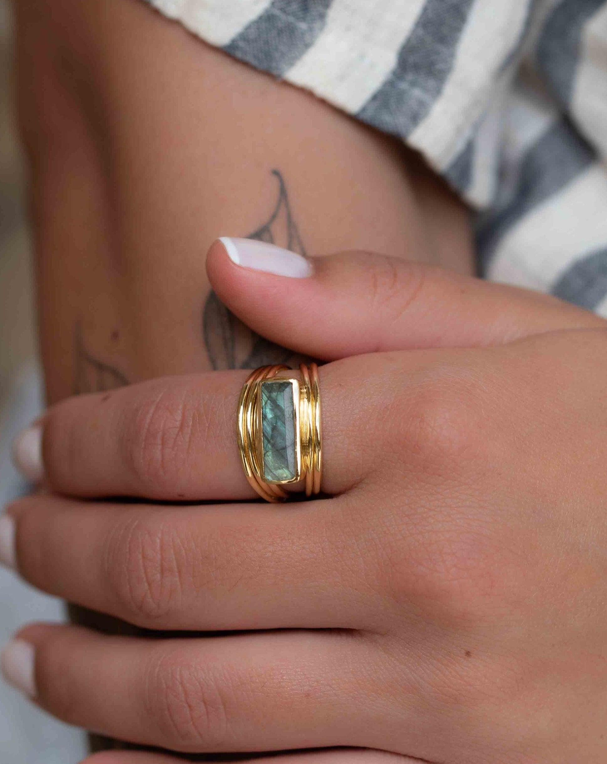 Rainbow Labradorite Ring ~ Rectangular Stone~ Gemstone ~ Natural ~ 18k Gold Plated ~ Jewelry ~ Handmade ~ February Birthstone ~ MR304