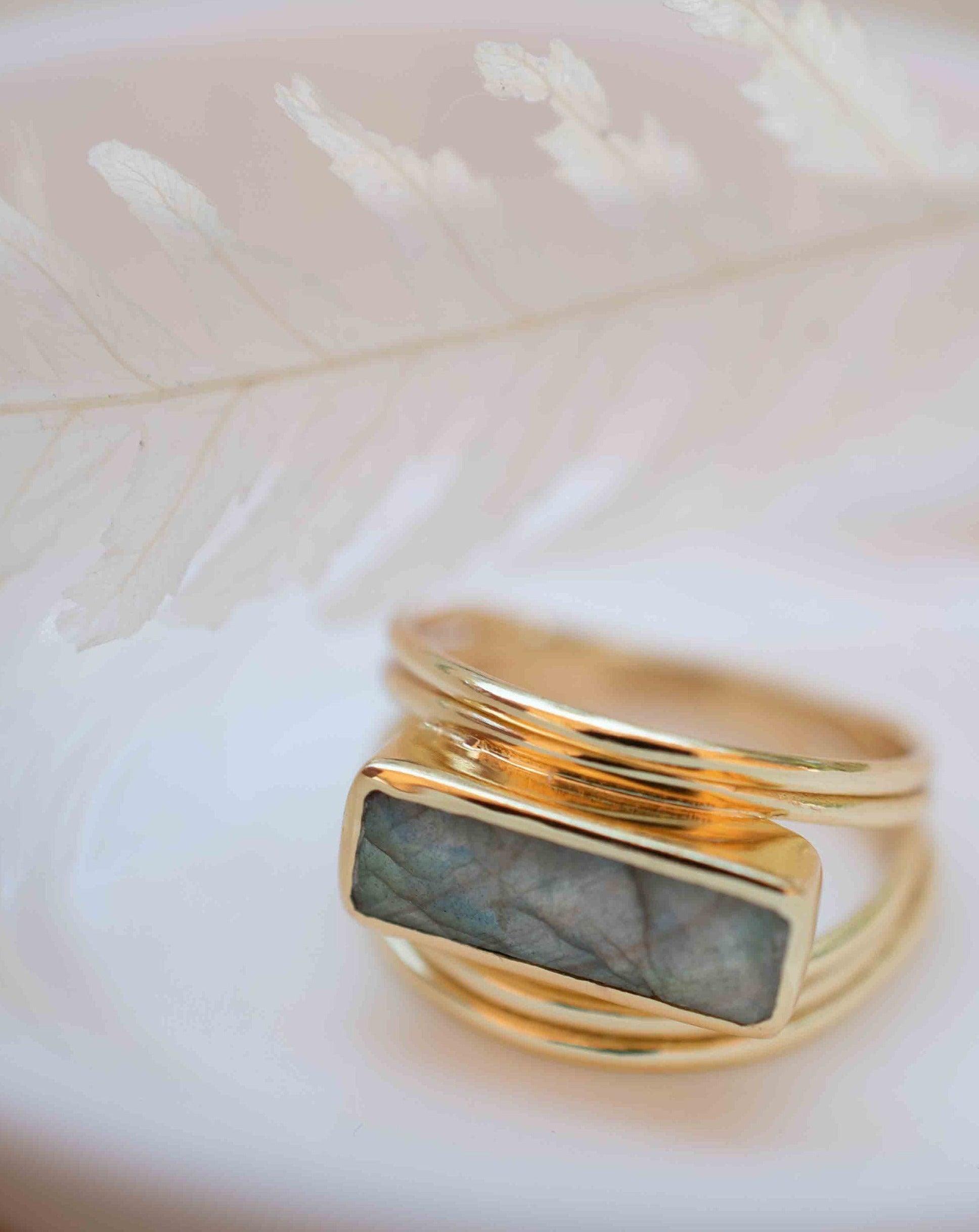 Rainbow Labradorite Ring ~ Rectangular Stone~ Gemstone ~ Natural ~ 18k Gold Plated ~ Jewelry ~ Handmade ~ February Birthstone ~ MR304